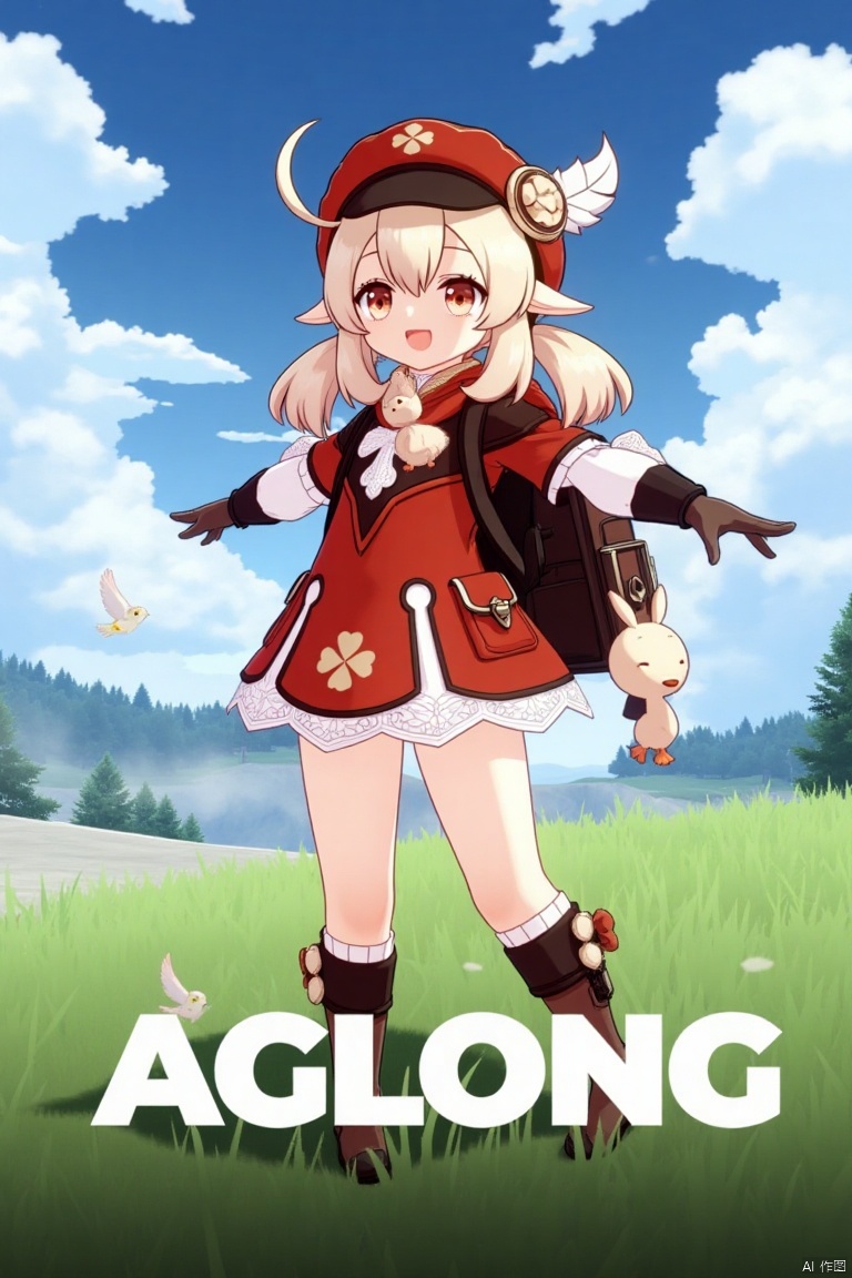 A dynamic movie poster featuring Klee from Genshin Impact, 1 girl solo, standing full body outdoors under a cloudy sky. She has long blonde hair with bangs, hair between her eyes, twintails, and an ahoge, wearing a red dress with a clover print, brown gloves, and a cabbie hat with a feather ornament. Klee is smiling with an open mouth, looking at the viewer, holding outstretched arms, and wearing knee-high boots, kneehighs, and a red headwear. She has a backpack, scarf, and bag, with a bird nearby. The background includes clouds and a dynamic sky. The poster features three-dimensional text AGlong in the middle below, fitting the theme. The framing is cinematic, with soft lighting and a balanced composition.
