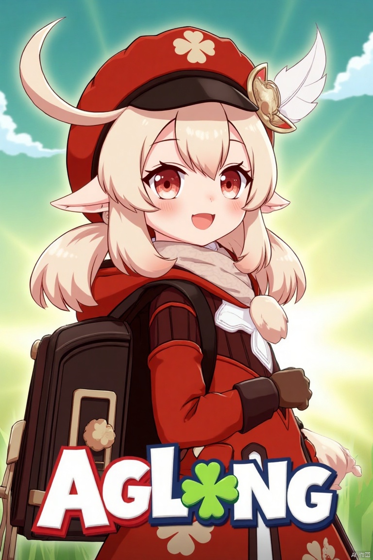 A lively movie poster featuring Klee from Genshin Impact, 1 girl solo, with long light brown hair, bangs, hair between her eyes, twintails, and an ahoge. She has red eyes, pointy ears, and is wearing a red coat with a clover print, brown gloves, and a cabbie hat with a feather ornament. Klee is smiling with an open mouth, looking back at the viewer, holding a bag with a charm, and wearing a red headwear and scarf. She has a backpack and randoseru, with a bag charm and sidelocks. The background is vibrant, featuring jumpy dumpty elements. The poster includes three-dimensional text AGlong in the middle below, fitting the theme. The framing is dynamic, with soft lighting and a balanced composition.