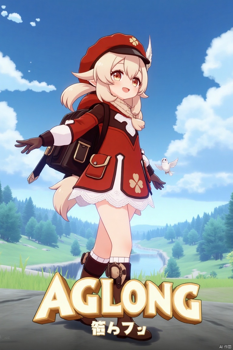 A vibrant movie poster featuring Klee from Genshin Impact, 1 girl solo, standing full body outdoors under a cloudy sky. She has long blonde hair with bangs, hair between her eyes, twintails, and an ahoge, wearing a red dress with a clover print, brown gloves, and a cabbie hat with a feather ornament. Klee is smiling with an open mouth, looking at the viewer, holding outstretched arms, and wearing knee-high boots, kneehighs, and a red headwear. She has a backpack, scarf, and bag, with a bird nearby. The background includes clouds and a dynamic sky. The poster features three-dimensional text AGlong in the middle below, fitting the theme. The framing is cinematic, with soft lighting and a balanced composition.