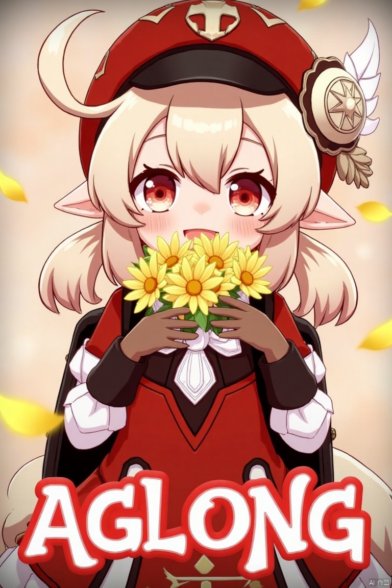 A cinematic movie poster featuring Klee from Genshin Impact, 1 girl solo, long blonde hair with bangs and hair between her eyes, twintails, and an ahoge. She has red eyes, pointy ears, and is wearing a red dress, brown long-sleeve gloves, and a cabbie hat with a feather. Klee is smiling with an open mouth, looking at the viewer, holding a bouquet of yellow flowers and petals scattered around. She has a backpack and a red headwear with feathers. The background is vibrant with a three-dimensional text AGlong in the middle below, fitting the poster theme. The framing is dynamic, with soft lighting enhancing the composition.