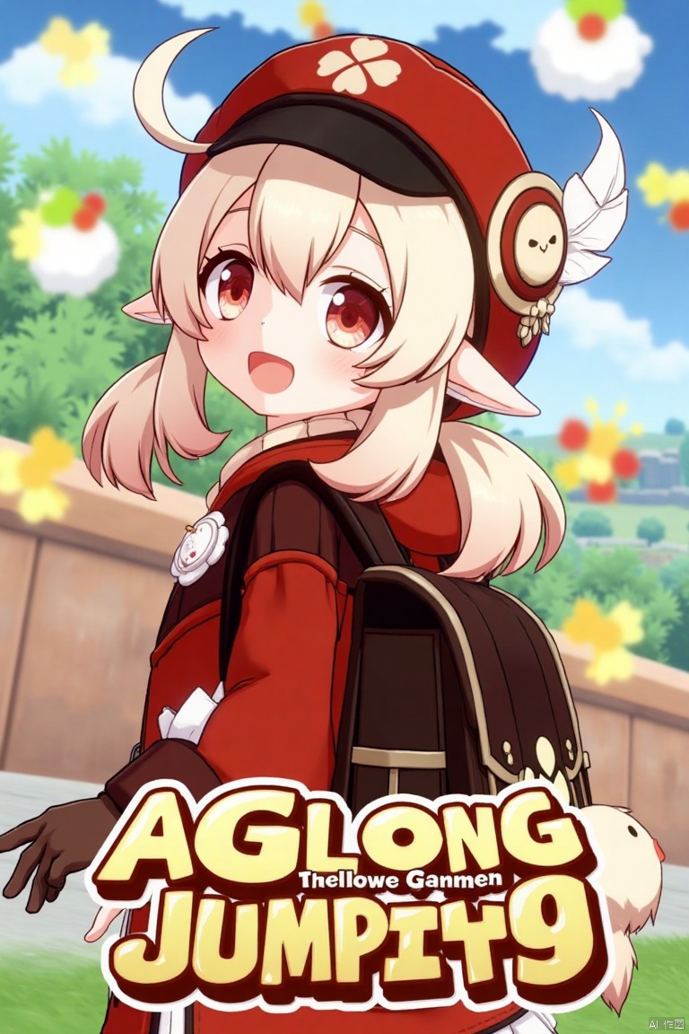 A lively movie poster featuring Klee from Genshin Impact, 1 girl solo, with long light brown hair, bangs, hair between her eyes, twintails, and an ahoge. She has red eyes, pointy ears, and is wearing a red coat with a clover print, brown gloves, and a cabbie hat with a feather ornament. Klee is smiling with an open mouth, looking back at the viewer, holding a bag with a charm, and wearing a red headwear and scarf. She has a backpack and randoseru, with a bag charm and sidelocks. The background is vibrant, featuring jumpy dumpty elements. The poster includes three-dimensional text AGlong in the middle below, fitting the theme. The framing is dynamic, with soft lighting and a balanced composition.