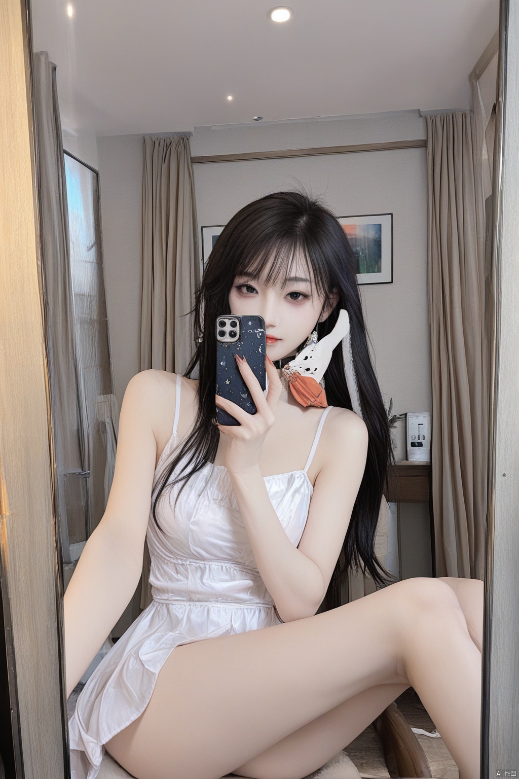 A photograph of beautiful hubggirl, (super realistic, best quality:1.25), depth, cinematic light, BREAK Solo, woman, (mirror selfie:1.45), bedroom, sitting, emo, black sequence dress, long hair, two tone hair, black and white hair, bangs, collar, BREAK perfect hands, perfect light, vibrant colors, intricate details, highly detailed skin, pale skin, photorealistic, raw, analog, taken by Sony Alpha 7R IV, Zeiss Otus 85mm F1.4, ISO 100 Shutter Speed 1/400, Vivid picture, intricate background,