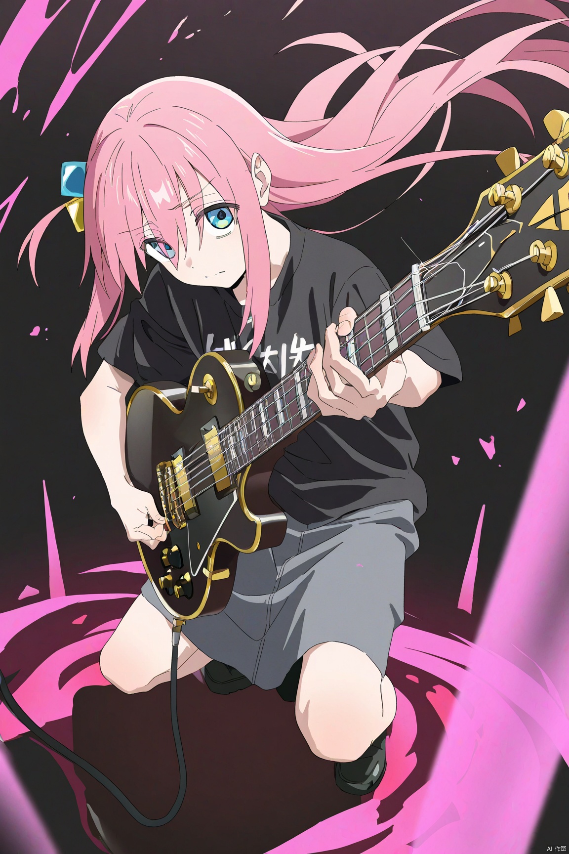 best quality,amazing quality,very aesthetic,absurdres,
gotou hitori, 1girl, cube hair ornament, solo, long hair, pink hair, instrument, blue eyes, holding instrument, hair ornament, holding, one knee, playing instrument, black shirt, guitar, shirt, gibson les paul, floating hair, bangs, music, short sleeves, electric guitar, hair between eyes, closed mouth, looking at viewer, black footwear, very long hair