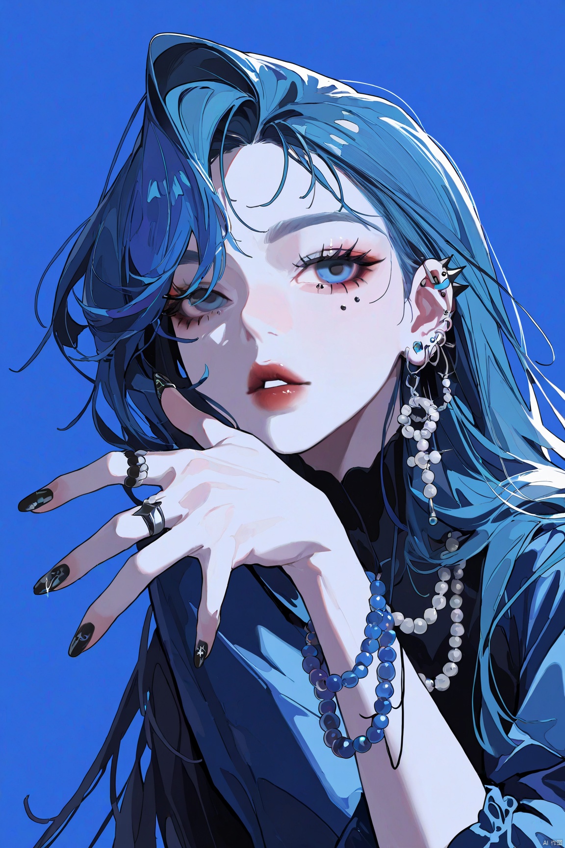 best quality,amazing quality,very aesthetic
solo, 1girl, jewelry, long hair, blue background, simple background, earrings, blue theme, black nails, blue hair, parted lips, piercing, beads, nail polish