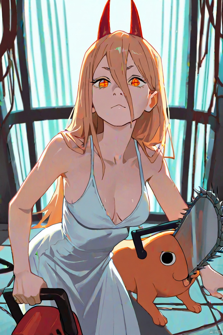 best quality,amazing quality,very aesthetic
1girl, power (chainsaw man), horns, long hair, breasts, pochita (chainsaw man), blonde hair, dress, chainsaw, cross-shaped pupils, denji (chainsaw man), white dress, medium breasts, red horns, looking at viewer, demon horns, 1boy, orange eyes, sleeveless, cleavage