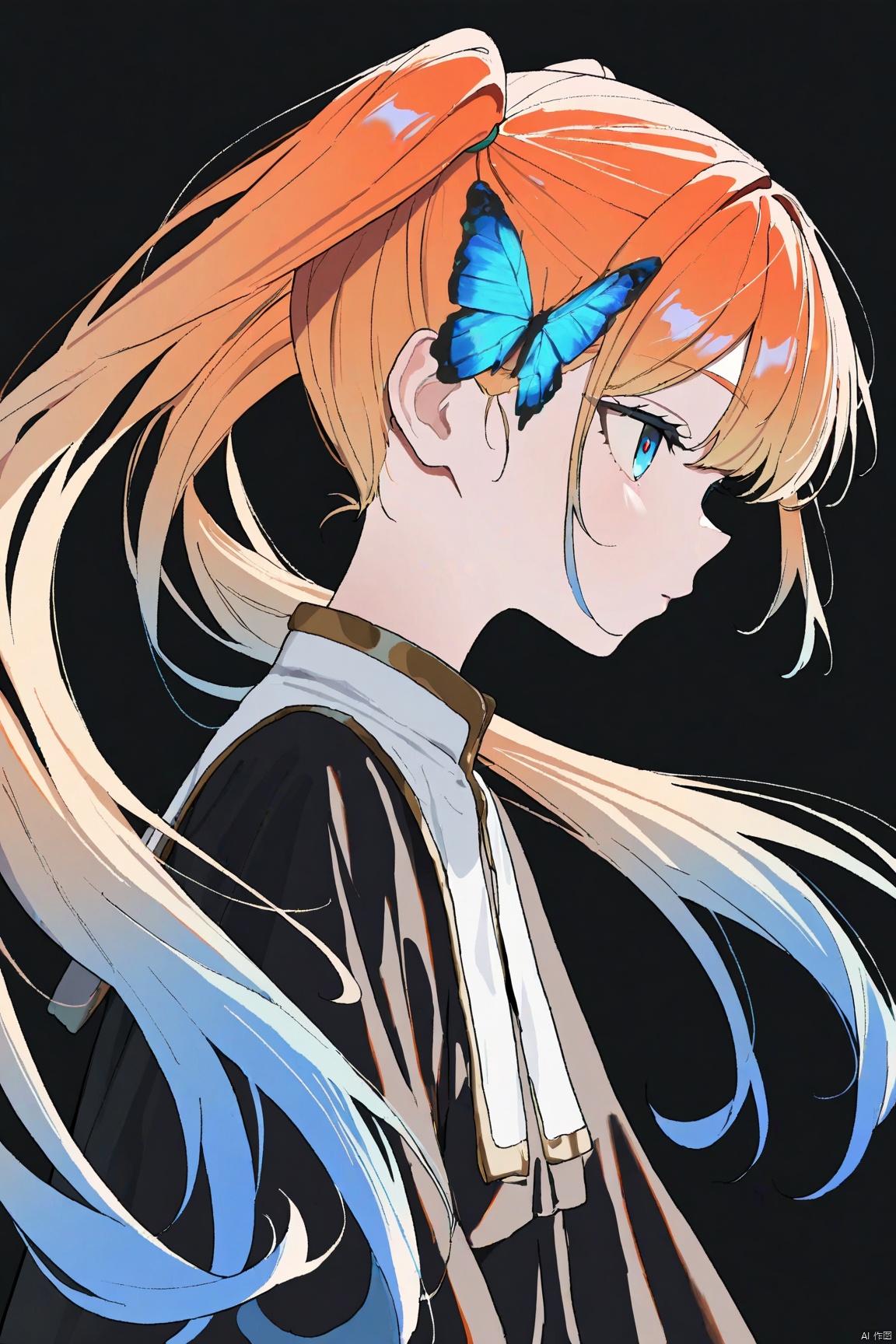 best quality,amazing quality,very aesthetic
1girl, solo, profile, long hair, simple background, black background, bug, upper body, orange hair, blue eyes, butterfly, multicolored hair, blue butterfly, bangs, from side, gradient hair, twintails