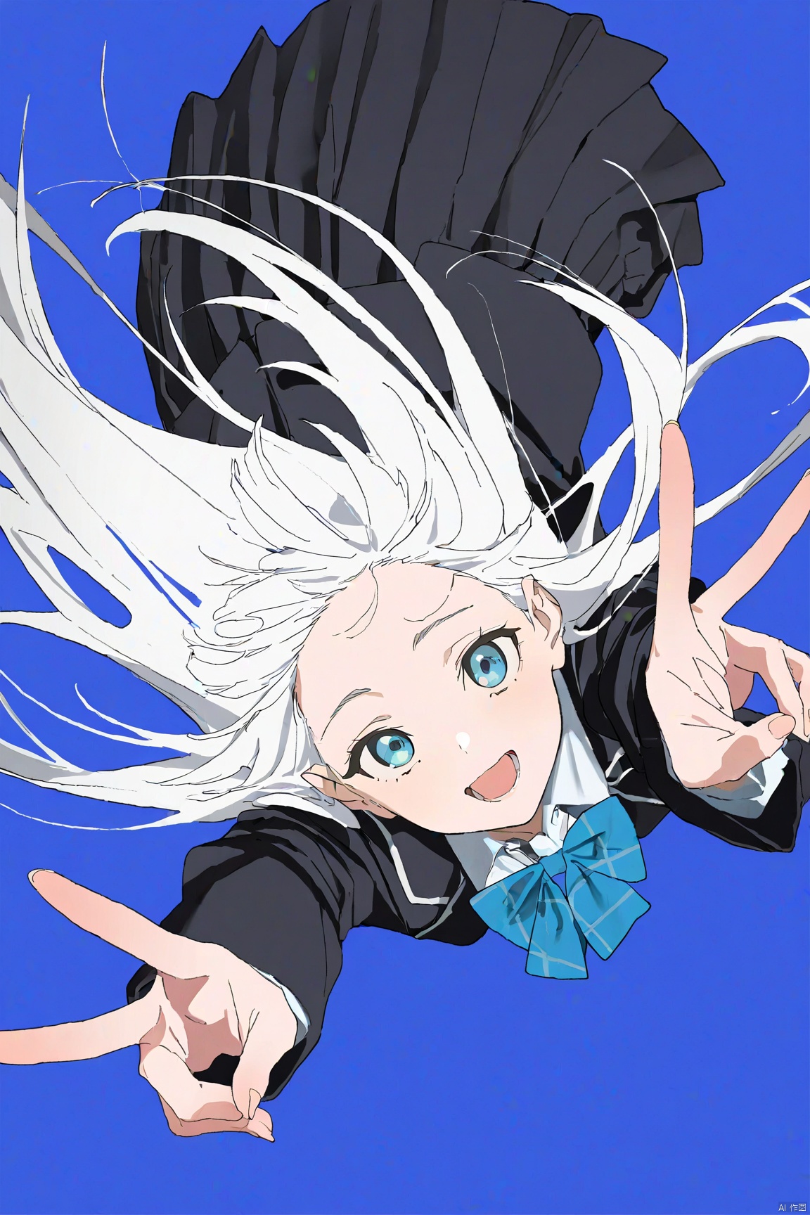 best quality,amazing quality,very aesthetic
1girl, solo, v, long hair, skirt, double v, bow, open mouth, smile, blue background, school uniform, blue bow, jacket, black skirt, pleated skirt, black jacket, bowtie, white hair, shirt, blue bowtie, looking at viewer, floating hair, long sleeves, bangs