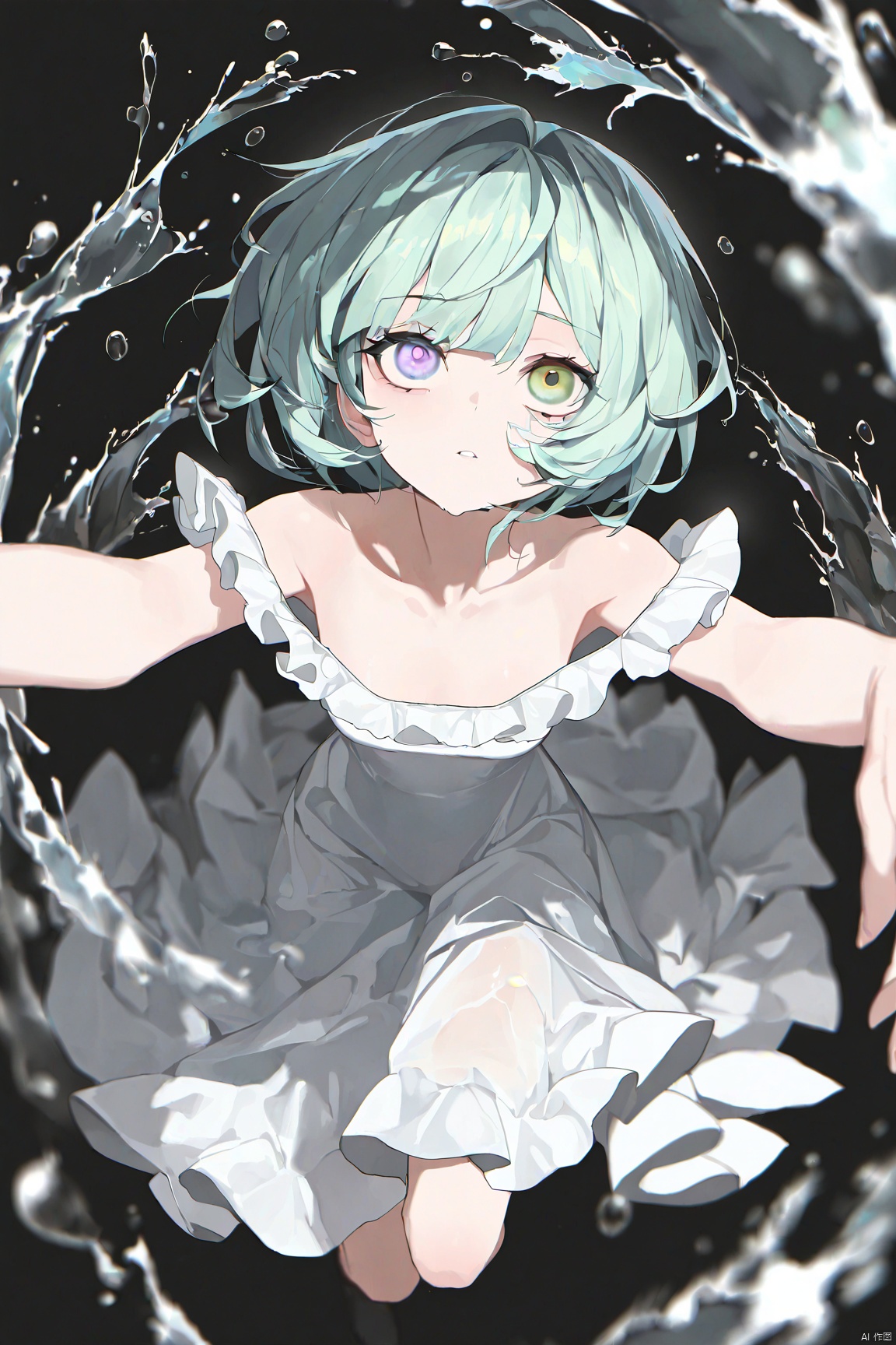 best quality,amazing quality,very aesthetic,absurdres,
1girl, heterochromia, solo, looking up, dress, green eyes, parted lips, short hair, looking at viewer, white dress, purple eyes, bangs, blue eyes, from above, black background, water, green hair, blurry, frills, outstretched arms, bare shoulders