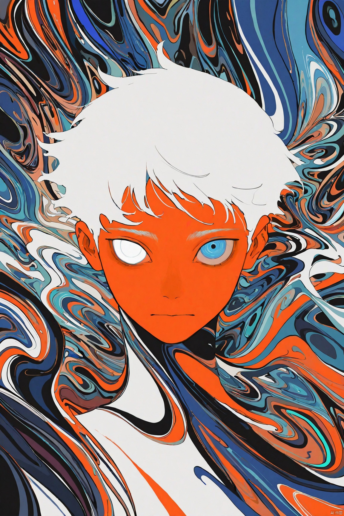 best quality,amazing quality,very aesthetic
looking at viewer, solo, blue eyes, abstract, 1boy, 1other, male focus, white hair, short hair, closed mouth, colored skin, white eyes, upper body, surreal