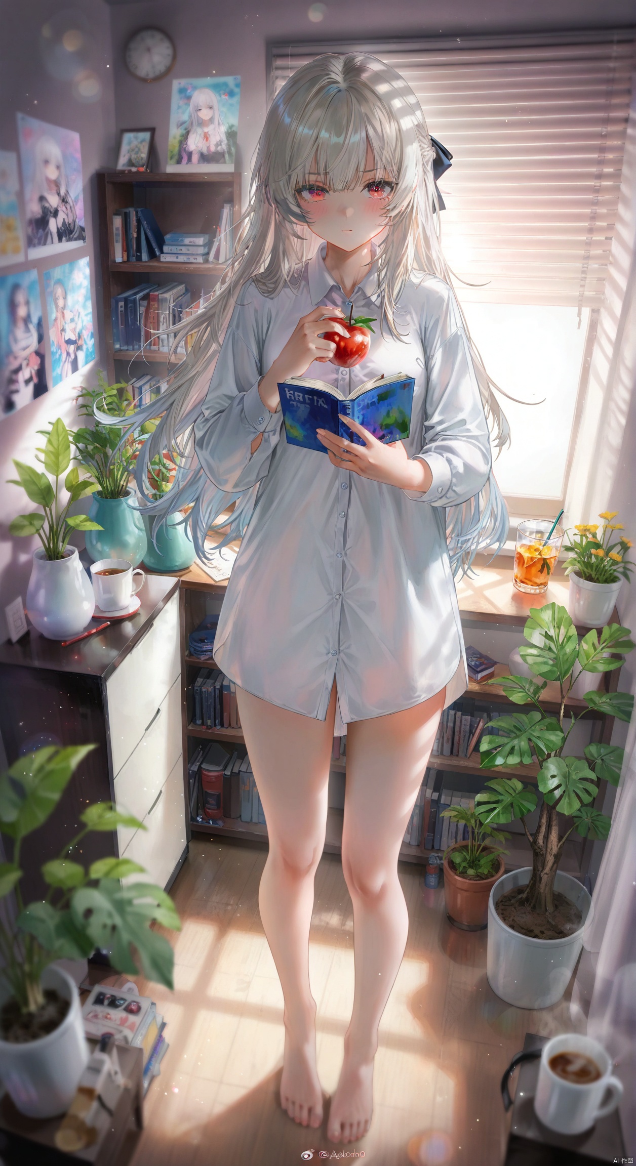 1girl, solo, long hair, looking at viewer, bangs, shirt, red eyes, long sleeves, bow, ribbon, holding, closed mouth, full body, hair ribbon, white shirt, white hair, hair bow, grey hair, food, barefoot, collared shirt, indoors, cup, book, bare legs, window, dress shirt, black bow, fruit, plant, open book, bookshelf, potted plant, blinds ,backlighting,depth of field,cinematic lighting,light particles,lens flare, (artist:quasarcake:0.8),extreme aesthetic,(wlop:0.6),masterpiece,best quality,good quality,newest,very aesthetic,absurdres,Visual impact,A shot with tension, ultra-high resolution,32K UHD,sharp focus,best-quality,masterpiece,Emotionalization,unconventional supreme masterpiece,masterful details,temperate atmosphere,with a high-end texture,in the style of fashion photography, (alzi xiaomI:1.2),(mogumo:1.1),(good hands, nice hands:0.5),giving the poster a dynamic and visually striking appearance,impactful picture,offcial art,colorful,movie perspective, masterpiece,best quality,amazing quality,very aesthetic,absurdres,best quality,newest
