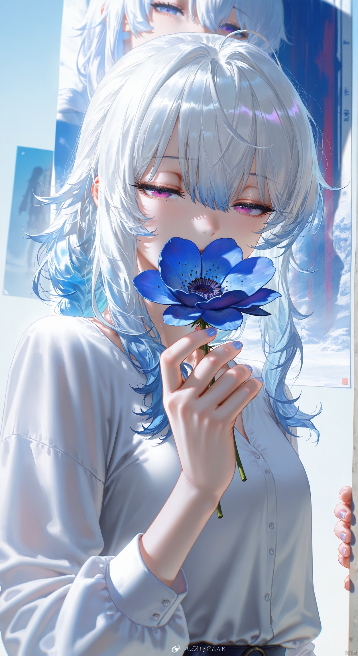 1girl, looking at viewer, holding a big blue flower, blue hair, white shirt, nail polish, purple eyes, blue eyes, eyelashes, long sleeves, white hair, hand up, hair between eyes, half-closed eyes, blue theme, cinematic composition, ultra-detailed, high-quality(artist:quasarcake:0.8),extreme aesthetic,(wlop:0.6),masterpiece,best quality,good quality,newest,very aesthetic,absurdres,Visual impact,A shot with tension, ultra-high resolution,32K UHD,sharp focus,best-quality,masterpiece,Emotionalization,unconventional supreme masterpiece,masterful details,temperate atmosphere,with a high-end texture,in the style of fashion photography, (alzi xiaomI:1.2),(mogumo:1.1),(good hands, nice hands:0.5),giving the poster a dynamic and visually striking appearance,impactful picture,offcial art,colorful,movie perspective, masterpiece,best quality,amazing quality,very aesthetic,absurdres,best quality,newest