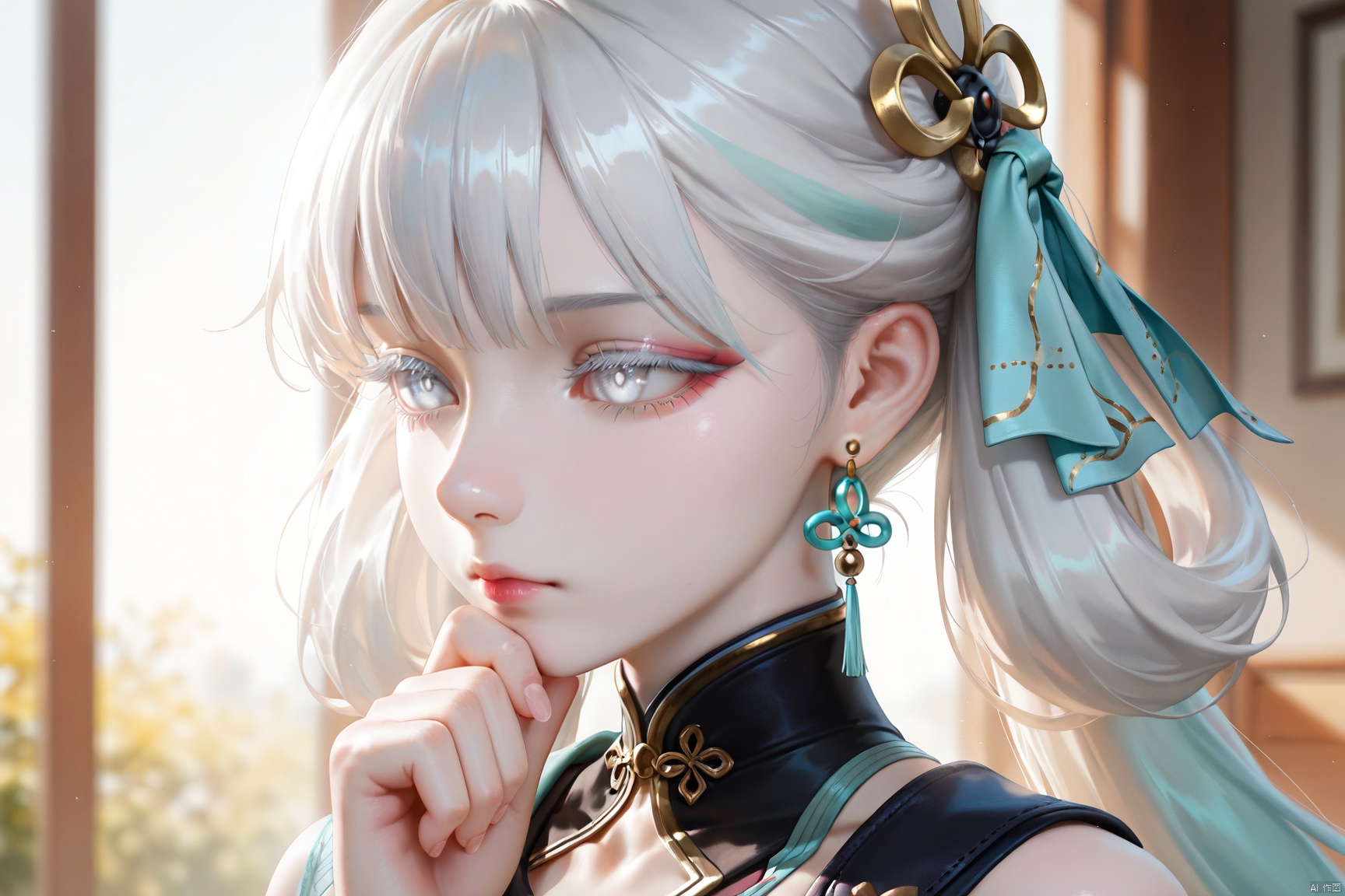 1girl, jinhsi \(wuthering waves\), earrings, masterpiece, black collar, black dress, hand up, jewelry, white hair, long hair, white eyes, portrait, colored eyelashes, thinking, backlighting,
pale skin,translucent,realistic,white skin,high detailed skin,(detailed skin:1.1),highly detailed,ultra-high resolution,32K UHD,sharp focus,best-quality,masterpiece,unconventional supreme masterpiece,masterful details,temperate atmosphere,with a high-end texture,in the style of fashion photography,Dynamic Angle,(Dynamic posture:1.1),OverallDetailXL,zPDXL3,GX_style