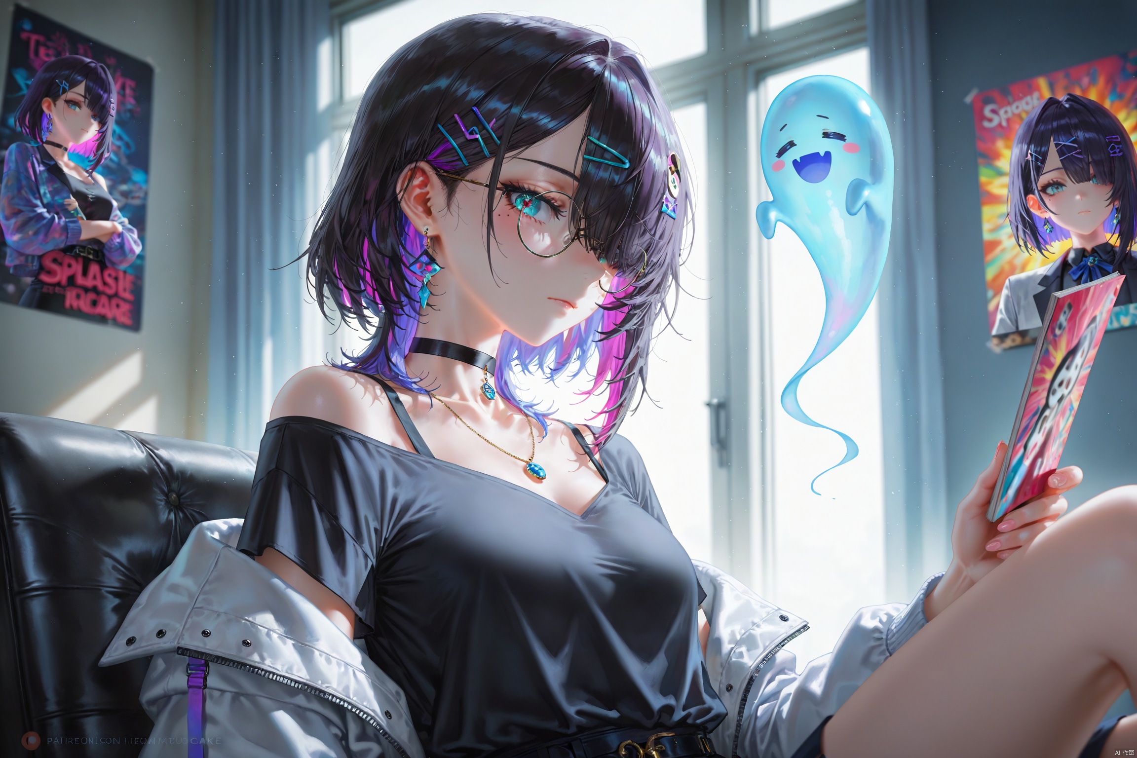 1girl, solo, looking at viewer, bangs, shirt, black hair, hair ornament, holding, jewelry, sitting, closed mouth, jacket, purple hair, multicolored hair, earrings, glasses, choker, hairclip, virtual youtuber, medium hair, necklace, off shoulder, mole, hair over one eye, english text, black shirt, mole under eye, black choker, ghost, colored inner hair, round eyewear ,backlighting,blue and white theme,depth of field,cinematic lighting,light particles,lens flare, (artist:quasarcake:0.8),extreme aesthetic,(wlop:0.6),masterpiece,best quality,good quality,newest,year 2024,year 2023,very aesthetic,absurdres,Visual impact,A shot with tension, ultra-high resolution,32K UHD,sharp focus,best-quality,masterpiece,Emotionalization,unconventional supreme masterpiece,masterful details,temperate atmosphere,with a high-end texture,in the style of fashion photography, (Visual impact:1.2),giving the poster a dynamic and visually striking appearance,impactful picture,offcial art,colorful,splash of color,movie perspective, masterpiece,best quality,amazing quality,very aesthetic,absurdres,best quality,newest
