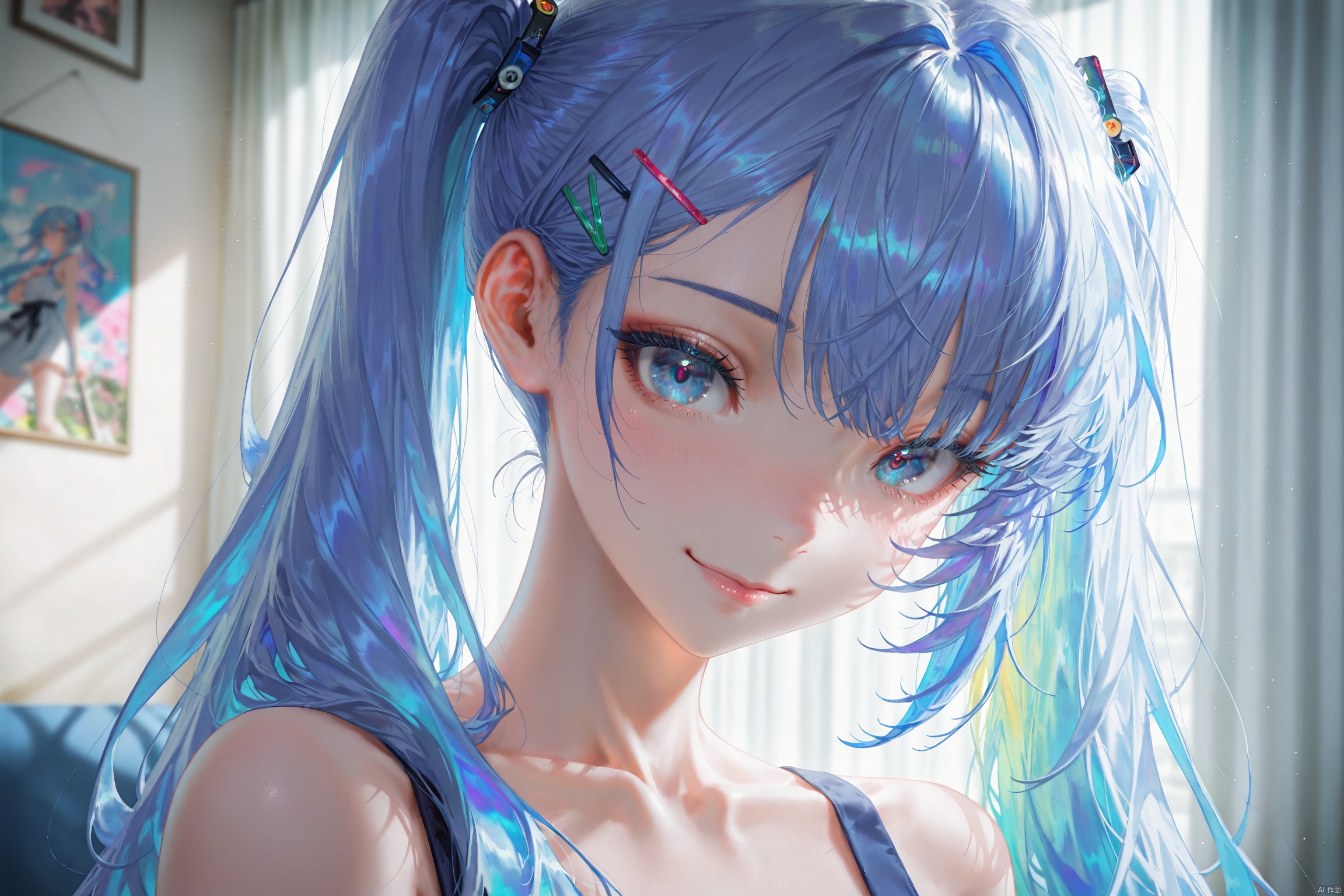 1girl, solo, long hair, looking at viewer, smile, bangs, blue eyes, hair ornament, twintails, blue hair, upper body, hairclip, indoors, glitch ,backlighting,blue and white theme,depth of field,cinematic lighting,light particles,lens flare, (artist:quasarcake:0.8),extreme aesthetic,(wlop:0.6),masterpiece,best quality,good quality,newest,year 2024,year 2023,very aesthetic,absurdres,Visual impact,A shot with tension, ultra-high resolution,32K UHD,sharp focus,best-quality,masterpiece,Emotionalization,unconventional supreme masterpiece,masterful details,temperate atmosphere,with a high-end texture,in the style of fashion photography, (Visual impact:1.2),giving the poster a dynamic and visually striking appearance,impactful picture,offcial art,colorful,splash of color,movie perspective, masterpiece,best quality,amazing quality,very aesthetic,absurdres,best quality,newest,Mat Skin
