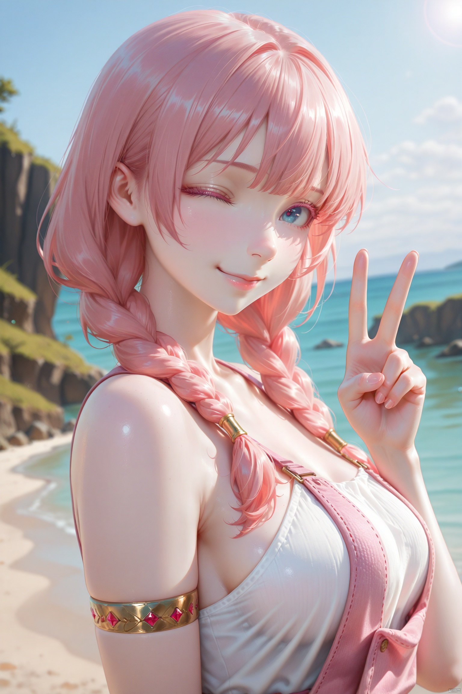 1girl, masterpiece, upper body, twin braids, solo, colored eyelashes, armlet, v, medium breasts, jewelry, hand up, looking at viewer, blue eyes, long hair, pink hair, outdoors, one eye closed, smile,,
pale skin,translucent,realistic,white skin,high detailed skin,(detailed skin:1.1),highly detailed,ultra-high resolution,32K UHD,sharp focus,best-quality,masterpiece,unconventional supreme masterpiece,masterful details,temperate atmosphere,with a high-end texture,in the style of fashion photography,Dynamic Angle,(Dynamic posture:1.1),OverallDetailXL,zPDXL3,GX_style