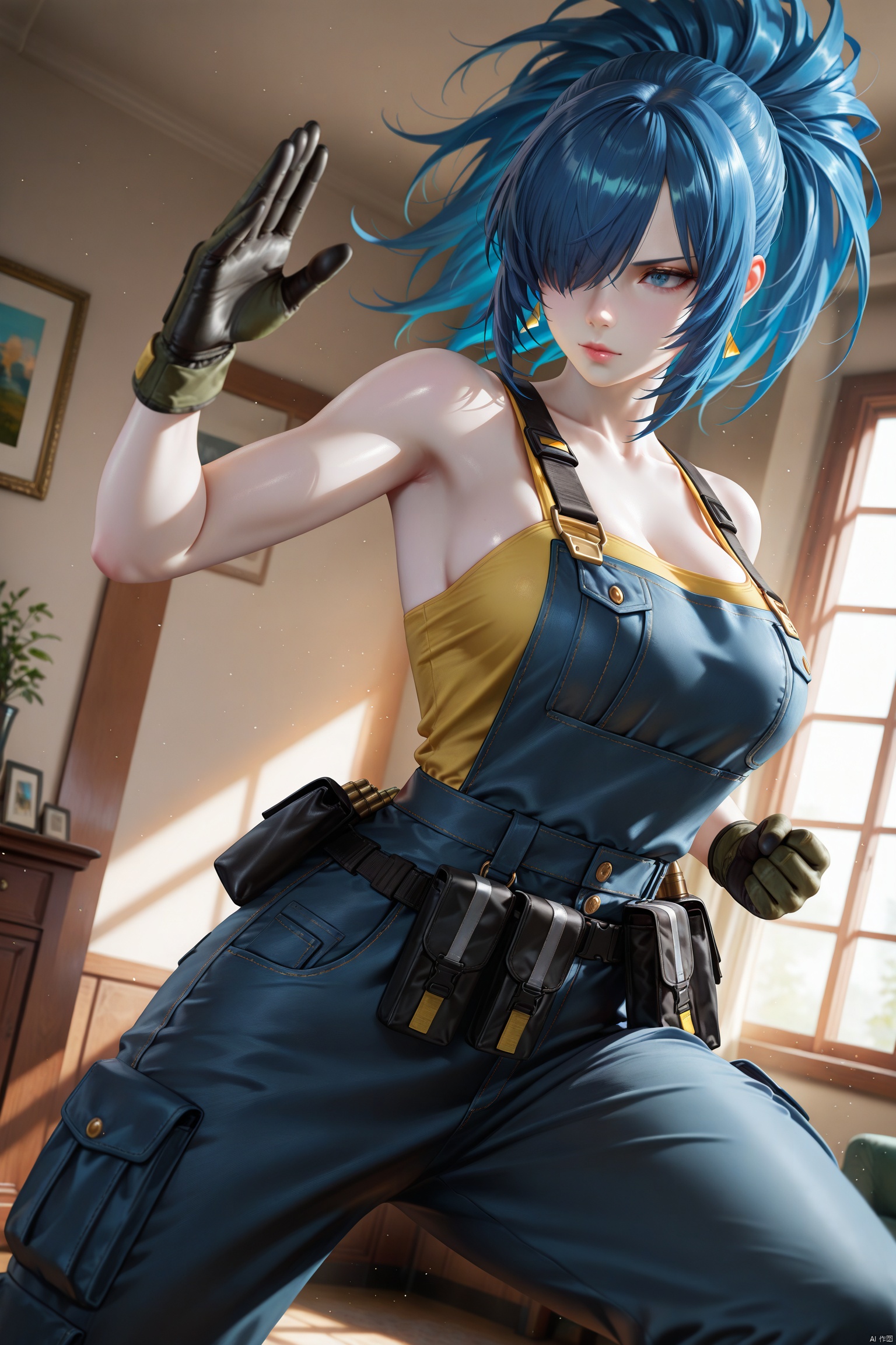 masterpiece, best quality, indoors, cinematic lighting, amazing quality, very aesthetic, absurdres, best quality, newest, year 2023,   Leona Heidern, Alternative Costume, solo, hair over one eye, pouch, fighting stance, ammunition pouch, indoors, soft particles,  ,
pale skin,translucent,realistic,white skin,high detailed skin,(detailed skin:1.1),highly detailed,ultra-high resolution,32K UHD,sharp focus,best-quality,masterpiece,unconventional supreme masterpiece,masterful details,temperate atmosphere,with a high-end texture,in the style of fashion photography,Dynamic Angle,(Dynamic posture:1.1),OverallDetailXL,zPDXL3,GX_style