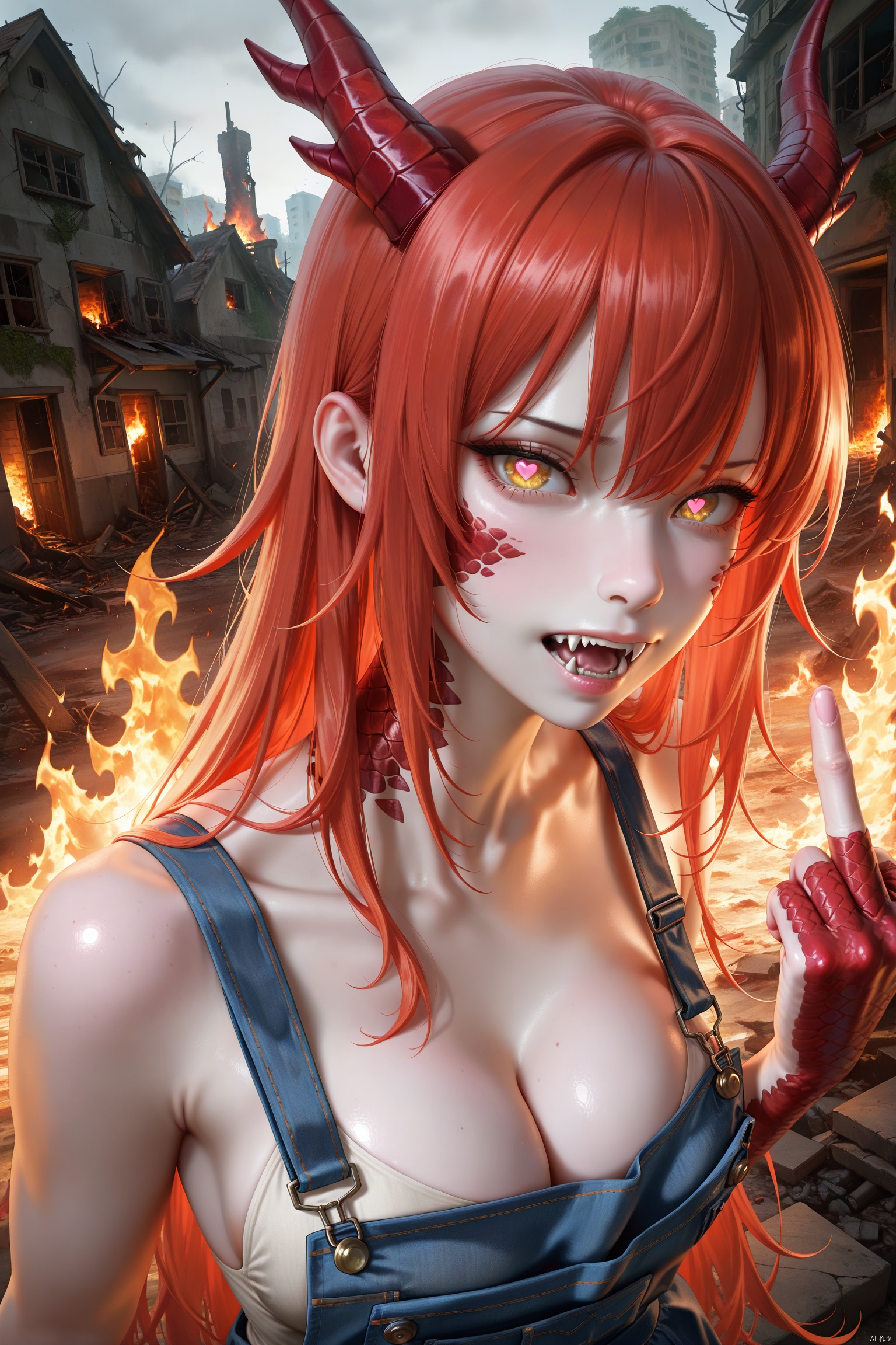 1girl, masterpiece, red scales, gold eyes, red hair, dragon girl, fangs, heart-shaped pupils, fire, upper body, cleavage, middle finger, outdoors, house, burning, ruins, close-up, back light, looking at viewer,,
pale skin,translucent,realistic,white skin,high detailed skin,(detailed skin:1.1),highly detailed,ultra-high resolution,32K UHD,sharp focus,best-quality,masterpiece,unconventional supreme masterpiece,masterful details,temperate atmosphere,with a high-end texture,in the style of fashion photography,Dynamic Angle,(Dynamic posture:1.1),OverallDetailXL,zPDXL3,GX_style