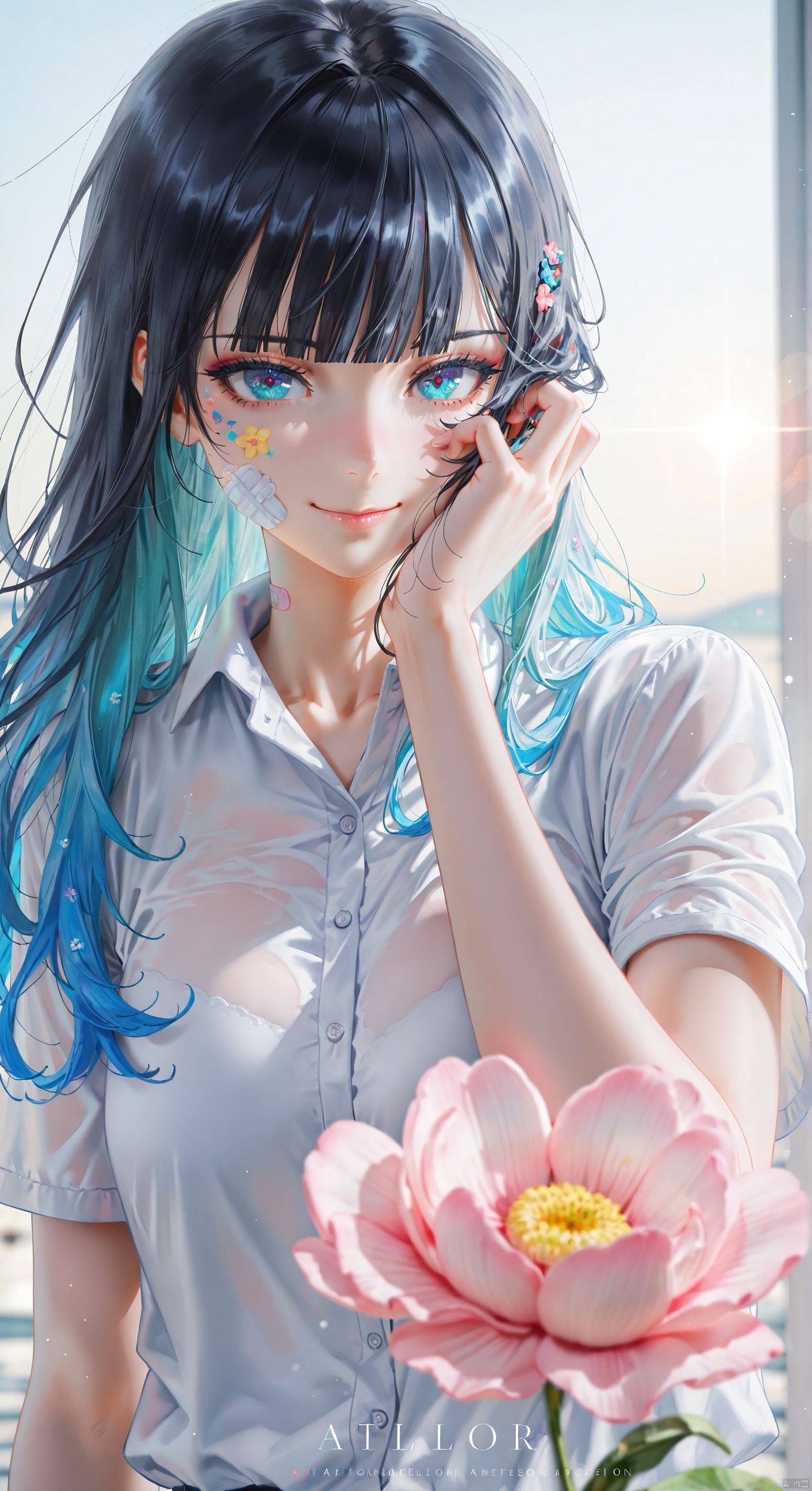 1girl, solo, long hair, looking at viewer, smile, bangs, shirt, black hair, white shirt, upper body, flower, short sleeves, collared shirt, blunt bangs, english text, bandaid, pink flower, hand on own face, sticker ,backlighting,blue and white theme,depth of field,cinematic lighting,light particles,lens flare, (artist:quasarcake:0.8),extreme aesthetic,(wlop:0.6),masterpiece,best quality,good quality,newest,year 2024,year 2023,very aesthetic,absurdres,Visual impact,A shot with tension, ultra-high resolution,32K UHD,sharp focus,best-quality,masterpiece,Emotionalization,unconventional supreme masterpiece,masterful details,temperate atmosphere,with a high-end texture,in the style of fashion photography, (Visual impact:1.2),giving the poster a dynamic and visually striking appearance,impactful picture,offcial art,colorful,splash of color,movie perspective, masterpiece,best quality,amazing quality,very aesthetic,absurdres,best quality,newest