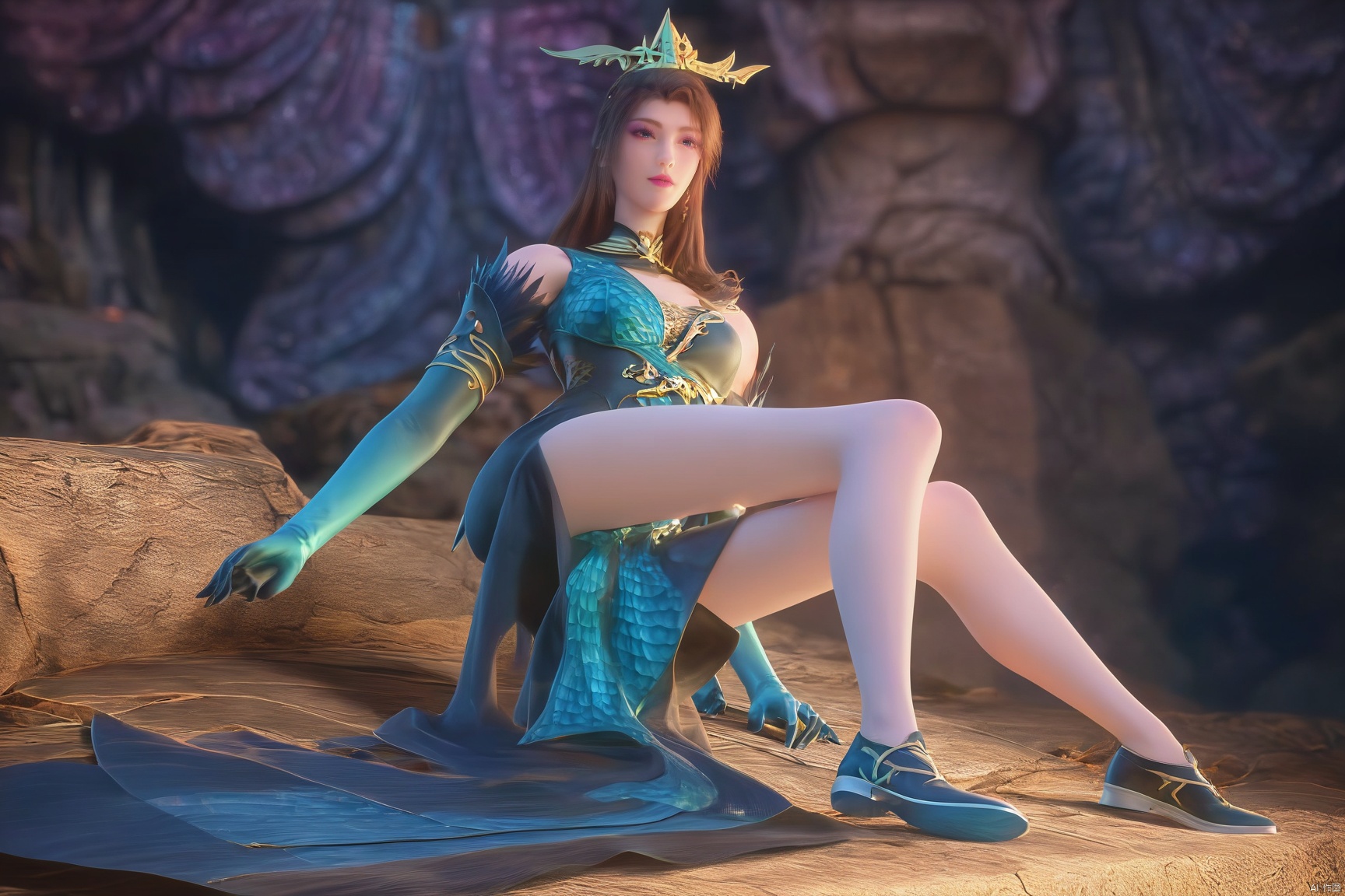score_9_up,score_8_up,score_7_up,(Masterpiece, Best Quality, High Resolution, 8K Raw),
1girl, solo, long hair, brown hair, hair ornament, gloves, dress, sitting, full body, elbow gloves, legs, bare legs,
pale skin,translucent,realistic,white skin,high detailed  skin,(detailed skin:1.1),highly detailed,ultra-high resolution,32K UHD,sharp focus,best-quality,masterpiece,unconventional supreme masterpiece,masterful details,temperate atmosphere,with a high-end texture,in the style of fashion photography,Dynamic Angle,(Dynamic posture:1.1),OverallDetailXL,zPDXL3,GX_style