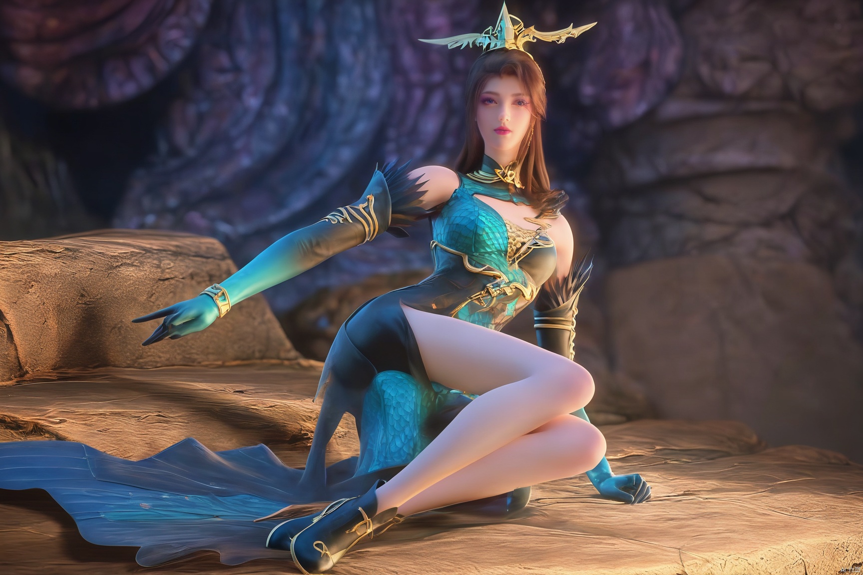 score_9_up,score_8_up,score_7_up,(Masterpiece, Best Quality, High Resolution, 8K Raw),
1girl, solo, long hair, brown hair, hair ornament, gloves, dress, sitting, full body, elbow gloves, legs, bare legs,
pale skin,translucent,realistic,white skin,high detailed  skin,(detailed skin:1.1),highly detailed,ultra-high resolution,32K UHD,sharp focus,best-quality,masterpiece,unconventional supreme masterpiece,masterful details,temperate atmosphere,with a high-end texture,in the style of fashion photography,Dynamic Angle,(Dynamic posture:1.1),OverallDetailXL,zPDXL3,GX_style