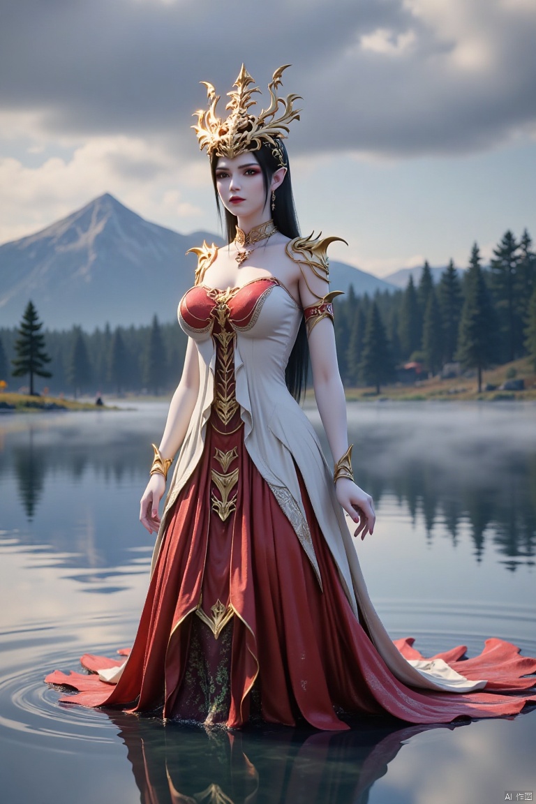 A female anime character named 'Medusa', in a white and red dress,adorned with a crown,stands in front of a body of water. 
