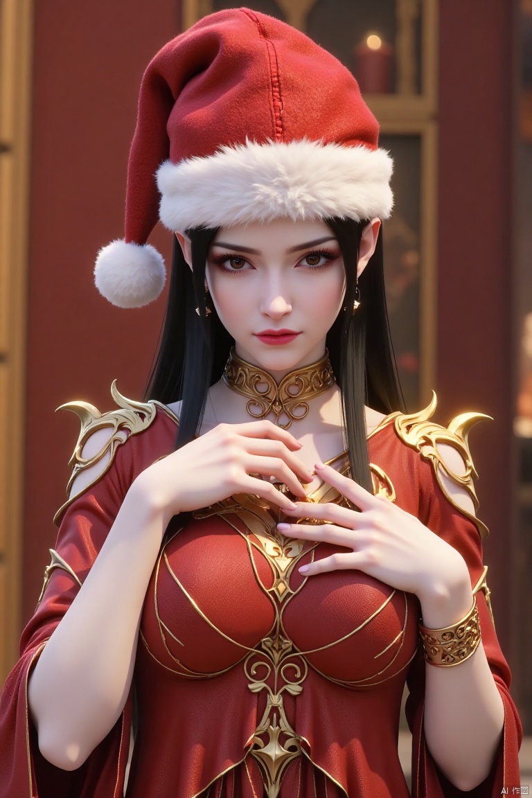 A female anime character named 'Medusa'
wearing a red Christmas hat and red dress. Looking at viewer very close. With a golden bracelet and a veil