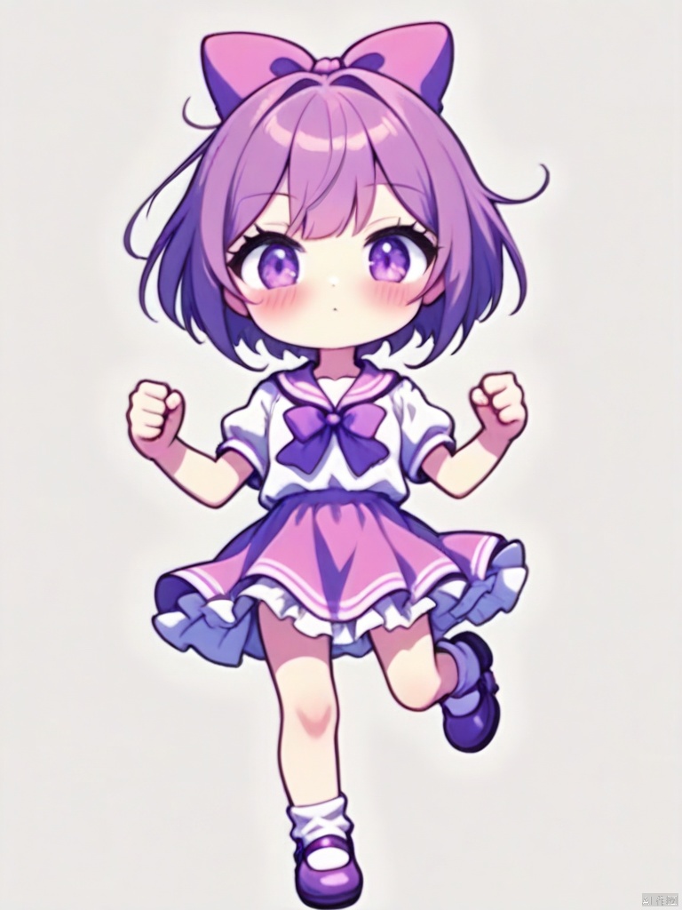 illustration, 1girl solo looking at viewer blush short hair bangs skirt simple background shirt white background bow school uniform standing purple eyes full body white shirt pink hair purple hair short sleeves frills shoes serafuku socks puffy sleeves bowtie sailor collar puffy short sleeves standing on one leg frilled skirt white socks pink bow mary janes clenched hands pink skirt purple skirt purple bow purple footwear purple sailor collar pink sailor collar
