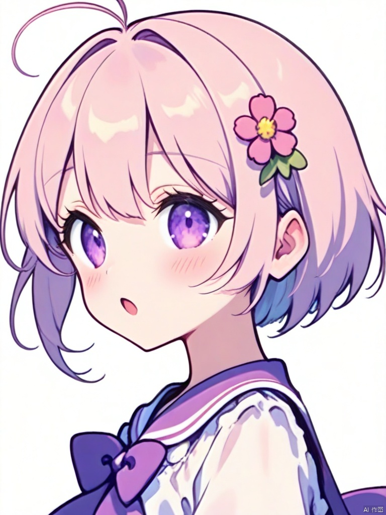 illustration, Two dimensions,1girl, solo, looking at viewer, blush, short hair, open mouth, bangs, simple background, shirt, hair ornament, white background, bow, purple eyes, white shirt, upper body, pink hair, flower, ahoge, short sleeves, hair flower, sailor collar, :o, from side, hair intakes, antenna hair, purple bow