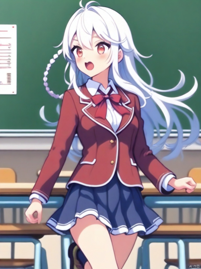 illustration, 1girl, running in the campus classroom in the background