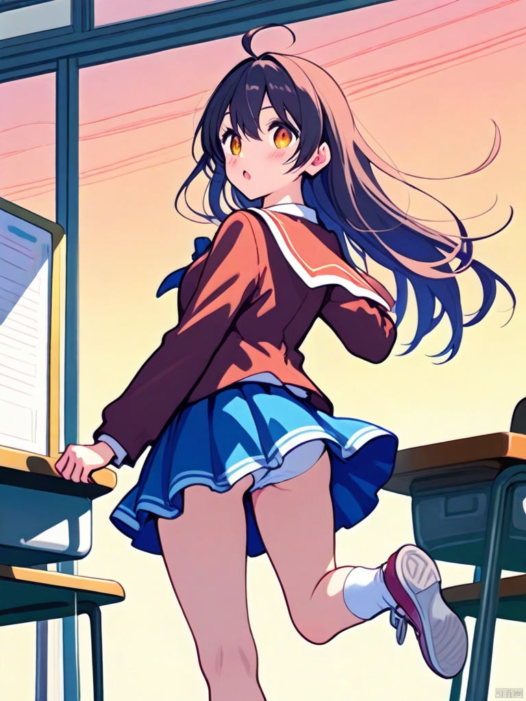 illustration, 1girl, running in the campus classroom in the background