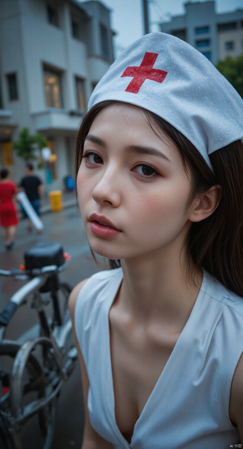 1 Beautiful nurse, nurse hat, rain, rain, face full of water, red lips, Asian, half body, blue style,detailed city