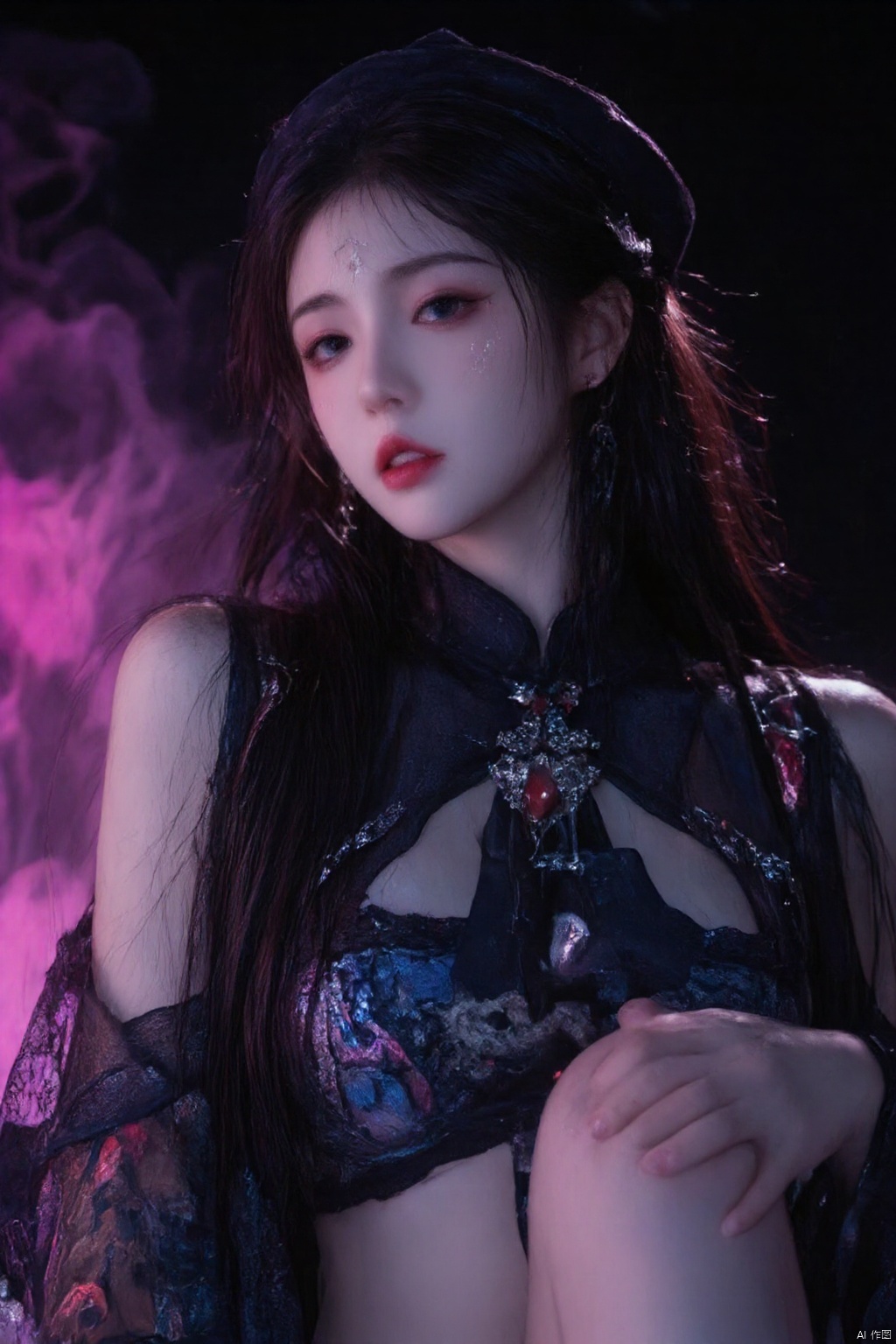 A striking image of a solo female figure with long black hair and a hat, gazing directly at the viewer. Her piercing blue eyes seem to gleam in the dimly lit atmosphere. The exposed shoulders reveal intricate jewelry adorning her upper body. Detached sleeves frame her pointy ears, which sport a fang-like protrusion. Her lips are painted a deep red, complementing her fingernails. A clothing cutout accentuates her curves, while Chinese-inspired attire wraps around her slender figure. A striking facial mark and piercing ear studs add to the overall mystique. In her hand, she grasps an ofuda, evoking the supernatural essence of a jiangshi. The qing guanmao's eerie glow casts an otherworldly ambiance, drawing us in with its haunting beauty.ofuda,A FOG CREATURE