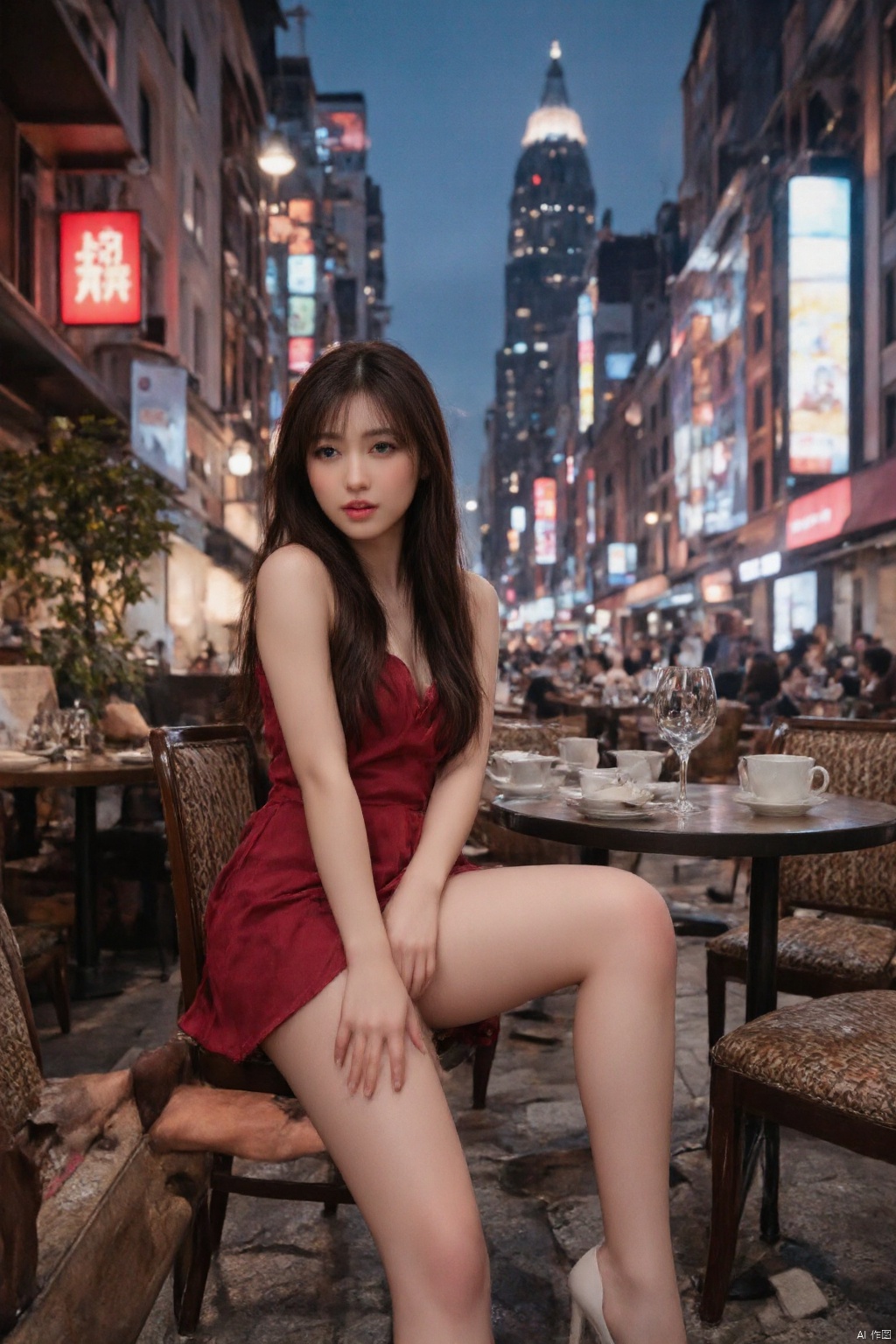 A photorealistic masterpiece of a confident and lively Asian girl with long hair, stunning features, and captivating eyes. She's posed looking away from the viewer, exuding an air of quiet confidence. Framed by a magnificent cityscape, she sits in a cozy cafe, surrounded by the bustling atmosphere. Her pleated skirt falls just above her knees, showcasing her toned legs clad in pink tights and floral patterned ones. White high heels add a touch of elegance to her overall look. The focus is from below, emphasizing the subject's beauty as she effortlessly blends into the romantic cityscape.,HARUKA,AIDMAFLUXPROULTRA