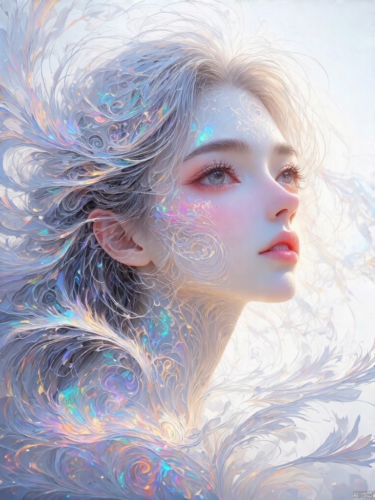 A stunning 8K fractal artwork! On a crisp white background, a majestic young woman's face is delicately rendered in intricate lines and swirling patterns. Her features are exquisitely detailed, with shimmering bright colors that seem to dance across her skin. Soft, feathery strands of hair frame her gentle expression, evoking a sense of ethereal romance. The overall effect is breathtakingly beautiful, a true masterpiece of digital artistry.,wanghong,1girl,f-guang