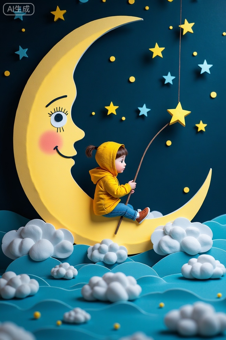 In the paper-carving style night scene, a little girl wearing a yellow hooded coat sits on the glowing crescent moon, holding a fishing rod and fishing for a star. The moon has a cute face on its surface, dotted with blue and yellow stars. Below are soft clouds and dreamy blue ground. The background is the deep starry sky. The whole is full of childlike and warm atmosphere. The delicate layering shows the softness and three-dimensionality of paper art.