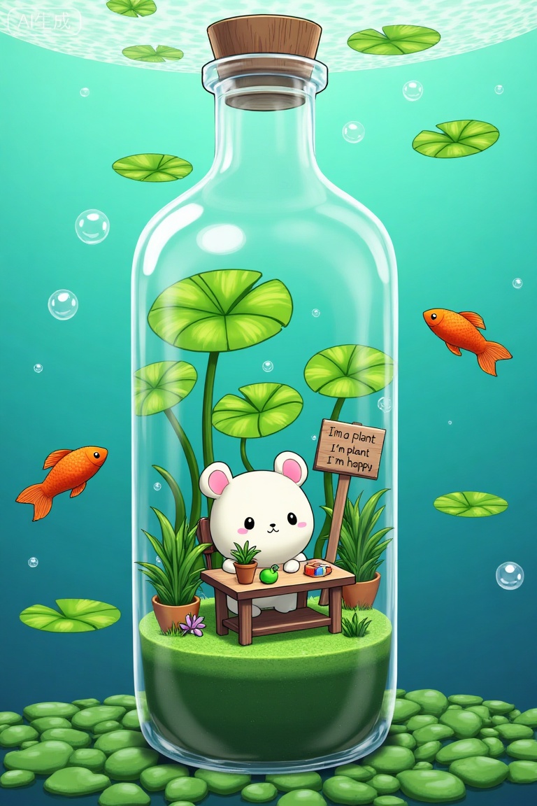 The image depicts a whimsical underwater scene. At the center is a transparent glass bottle filled with lush green plants, creating a miniature indoor garden. Inside the bottle, there is a small, white, round creature resembling a bear with pink ears, sitting at a wooden table. The table has a sign that reads "I'm a plant, I'm happy," and there are various potted plants and a small green object, possibly a fruit or a toy. The bottle is surrounded by a bed of smooth, green pebbles, and there are two orange fish swimming near the bottom of the image. Above the bottle, the water is clear, with floating green lily pads and bubbles. The overall atmosphere is serene and playful, blending nature with a fantastical indoor setting.