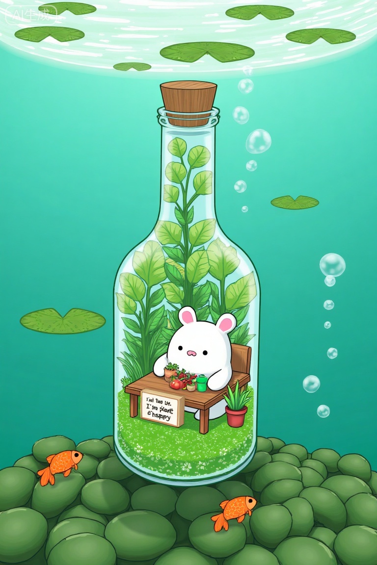The image depicts a whimsical underwater scene. At the center is a transparent glass bottle filled with lush green plants, creating a miniature indoor garden. Inside the bottle, there is a small, white, round creature resembling a bear with pink ears, sitting at a wooden table. The table has a sign that reads "I'm a plant, I'm happy," and there are various potted plants and a small green object, possibly a fruit or a toy. The bottle is surrounded by a bed of smooth, green pebbles, and there are two orange fish swimming near the bottom of the image. Above the bottle, the water is clear, with floating green lily pads and bubbles. The overall atmosphere is serene and playful, blending nature with a fantastical indoor setting.
