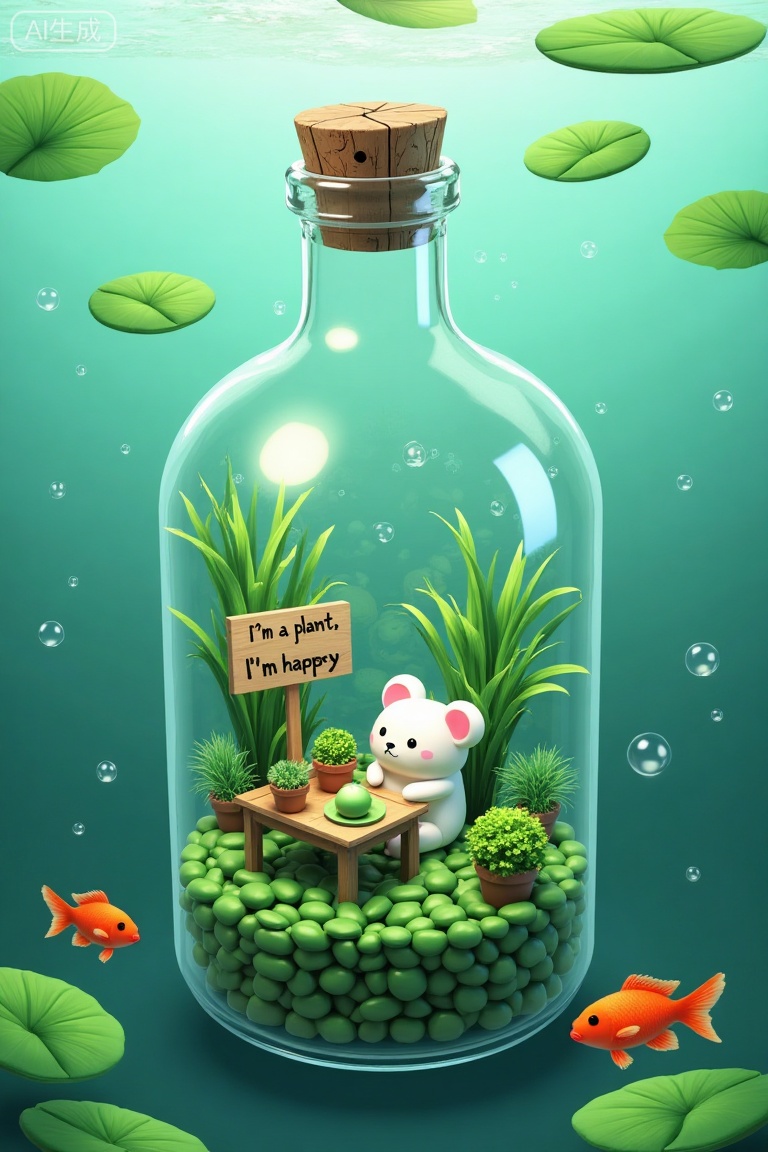 The image depicts a whimsical underwater scene. At the center is a transparent glass bottle filled with lush green plants, creating a miniature indoor garden. Inside the bottle, there is a small, white, round creature resembling a bear with pink ears, sitting at a wooden table. The table has a sign that reads "I'm a plant, I'm happy," and there are various potted plants and a small green object, possibly a fruit or a toy. The bottle is surrounded by a bed of smooth, green pebbles, and there are two orange fish swimming near the bottom of the image. Above the bottle, the water is clear, with floating green lily pads and bubbles. The overall atmosphere is serene and playful, blending nature with a fantastical indoor setting.