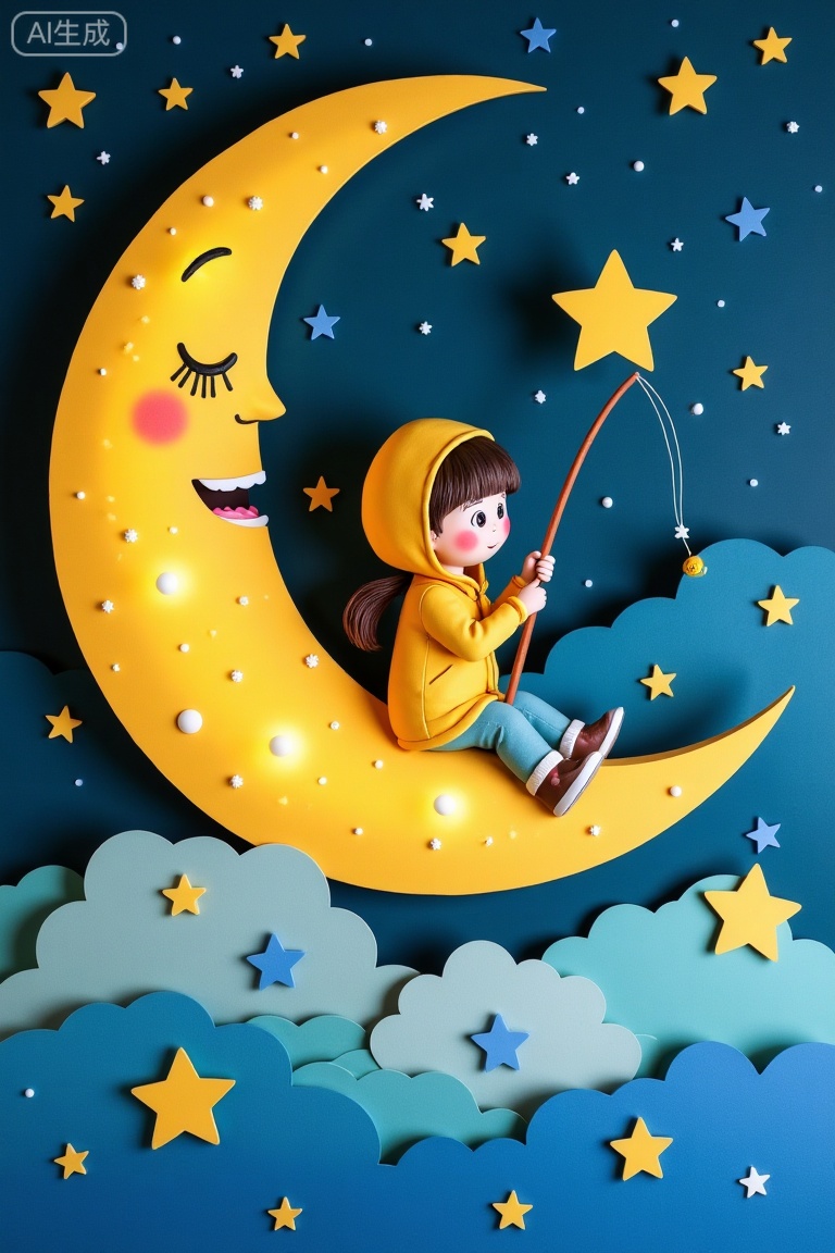 In the paper-carving style night scene, a little girl wearing a yellow hooded coat sits on the glowing crescent moon, holding a fishing rod and fishing for a star. The moon has a cute face on its surface, dotted with blue and yellow stars. Below are soft clouds and dreamy blue ground. The background is the deep starry sky. The whole is full of childlike and warm atmosphere. The delicate layering shows the softness and three-dimensionality of paper art.