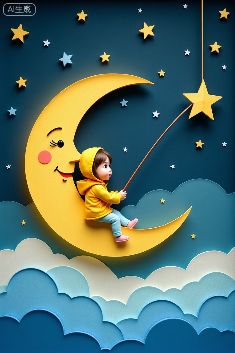 In the paper-carving style night scene, a little girl wearing a yellow hooded coat sits on the glowing crescent moon, holding a fishing rod and fishing for a star. The moon has a cute face on its surface, dotted with blue and yellow stars. Below are soft clouds and dreamy blue ground. The background is the deep starry sky. The whole is full of childlike and warm atmosphere. The delicate layering shows the softness and three-dimensionality of paper art.