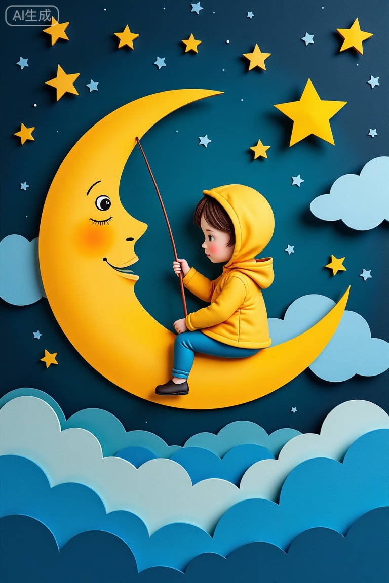 In the paper-carving style night scene, a little girl wearing a yellow hooded coat sits on the glowing crescent moon, holding a fishing rod and fishing for a star. The moon has a cute face on its surface, dotted with blue and yellow stars. Below are soft clouds and dreamy blue ground. The background is the deep starry sky. The whole is full of childlike and warm atmosphere. The delicate layering shows the softness and three-dimensionality of paper art.