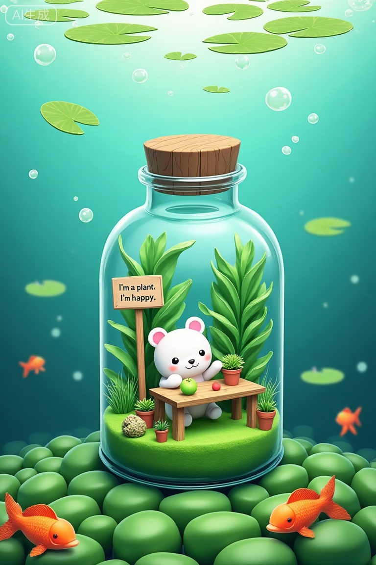 The image depicts a whimsical underwater scene. At the center is a transparent glass bottle filled with lush green plants, creating a miniature indoor garden. Inside the bottle, there is a small, white, round creature resembling a bear with pink ears, sitting at a wooden table. The table has a sign that reads "I'm a plant, I'm happy," and there are various potted plants and a small green object, possibly a fruit or a toy. The bottle is surrounded by a bed of smooth, green pebbles, and there are two orange fish swimming near the bottom of the image. Above the bottle, the water is clear, with floating green lily pads and bubbles. The overall atmosphere is serene and playful, blending nature with a fantastical indoor setting.