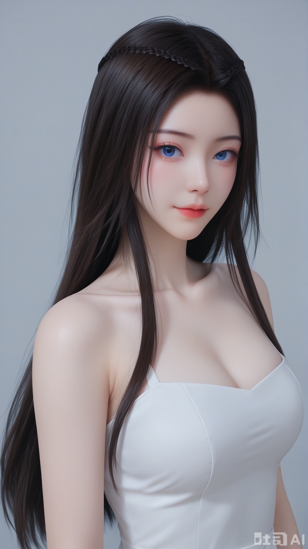 1girl, solo, black_hair, (white dress), blue eyes, upper_body, looking at viewer, exquisite skin, Solid white color background, high definition, Best quality, masterpiece, 4K,