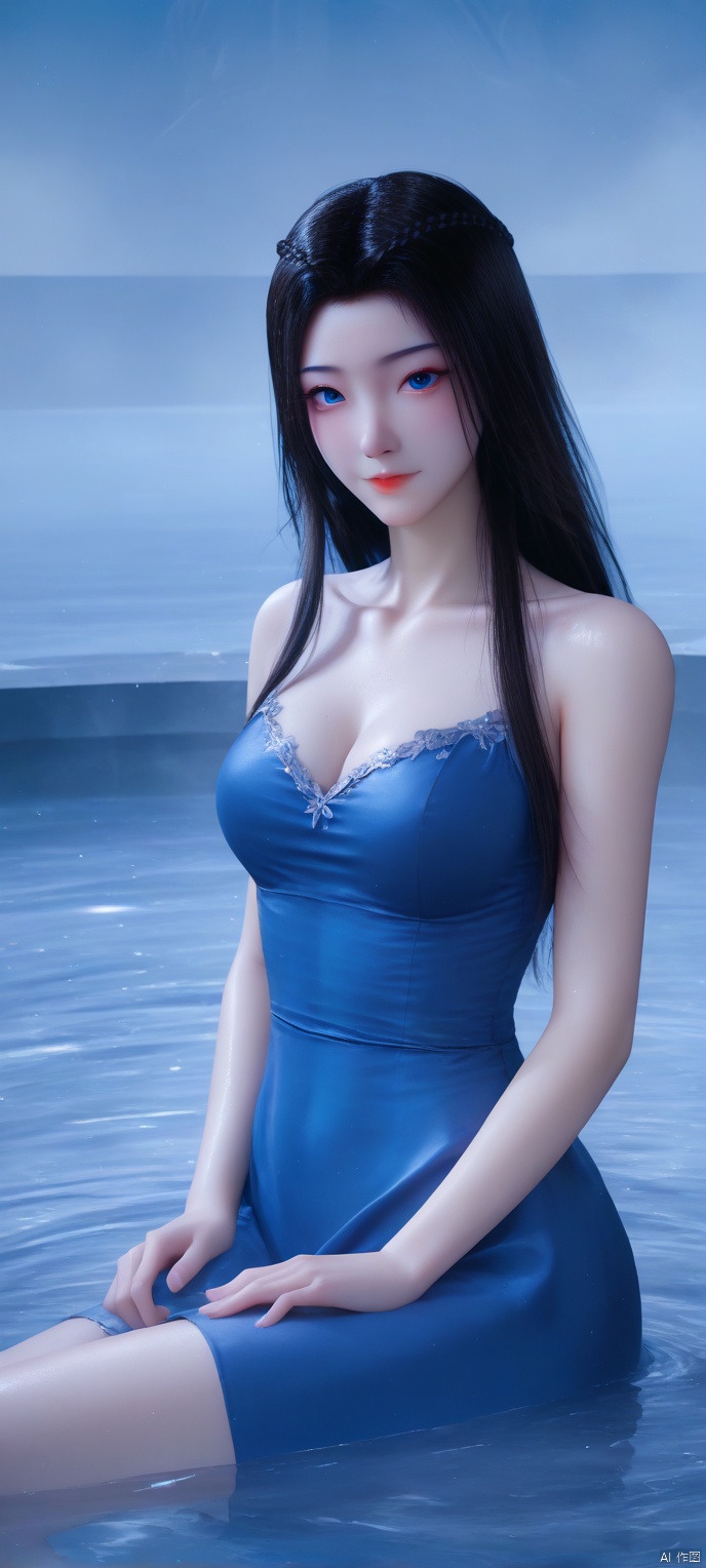 (high definition, Best quality, masterpiece, 4K, exquisite skin), 1girl, solo, breasts, (blue dress:1.1), looking at viewer, blue eyes, closed mouth, water, sitting on water