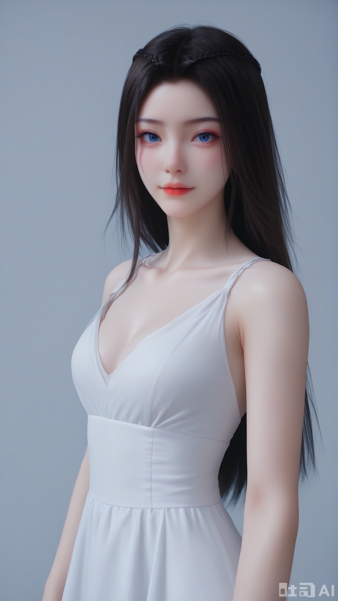 1girl, solo, black_hair, (white dress), blue eyes, upper_body, looking at viewer, exquisite skin, Solid white color background, high definition, Best quality, masterpiece, 4K,