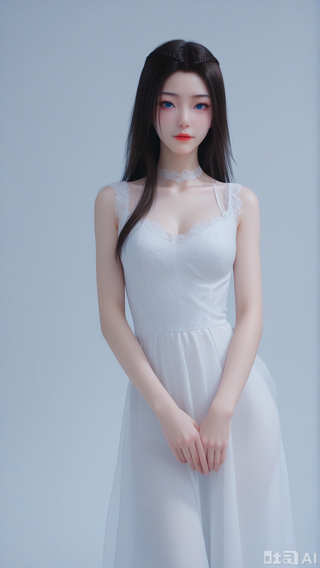 1girl, solo, (white dress), blue eyes, looking at viewer, exquisite skin, Solid white color background, high definition, Best quality, masterpiece, 4K,