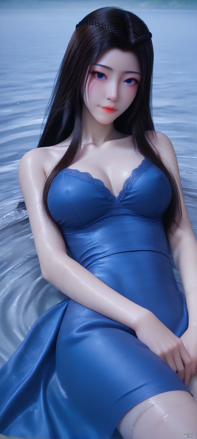 (high definition, Best quality, masterpiece, 4K, exquisite skin), 1girl, solo, breasts, (blue dress:1.1), looking at viewer, blue eyes, closed mouth, water, lying on water