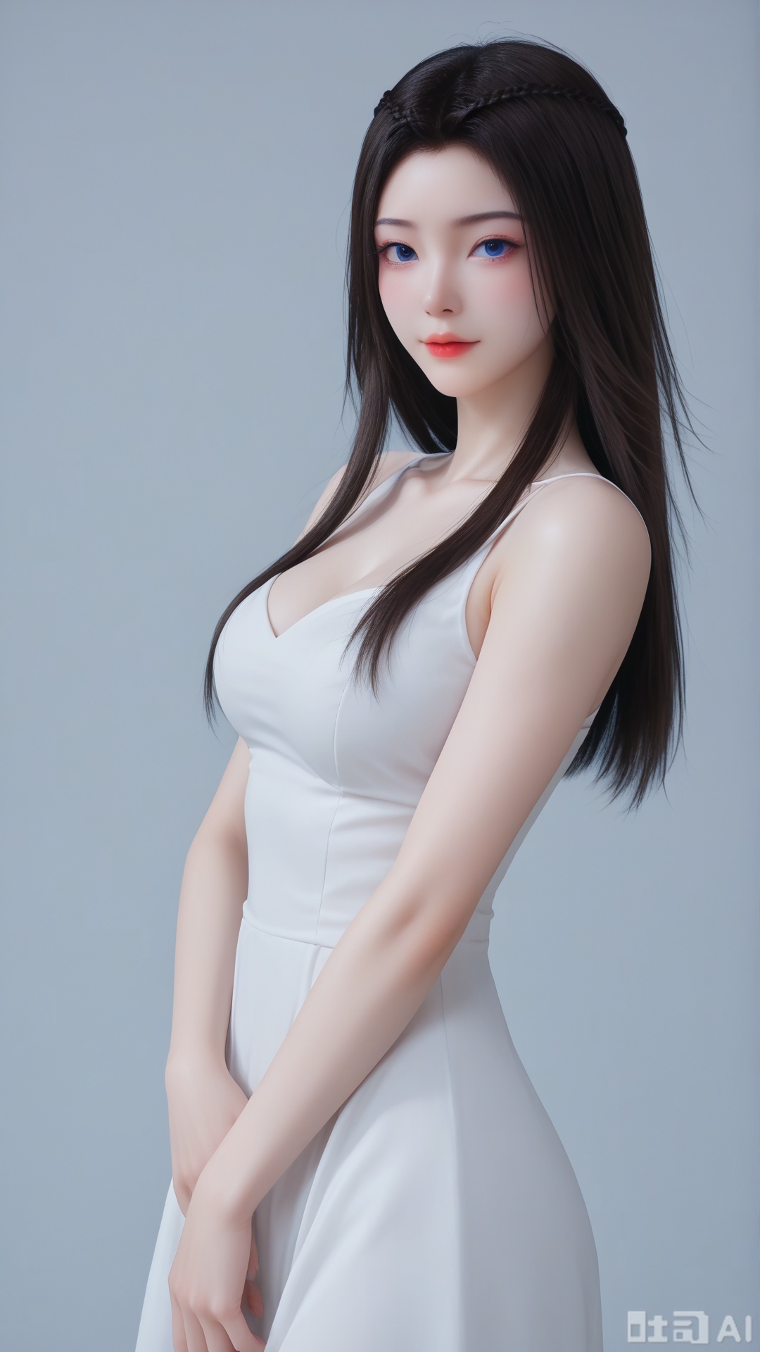 1girl, solo, breasts, (white dress), looking at viewer, blue eyes, Solid white color background, high definition, Best quality, masterpiece, 4K, exquisite skin,
