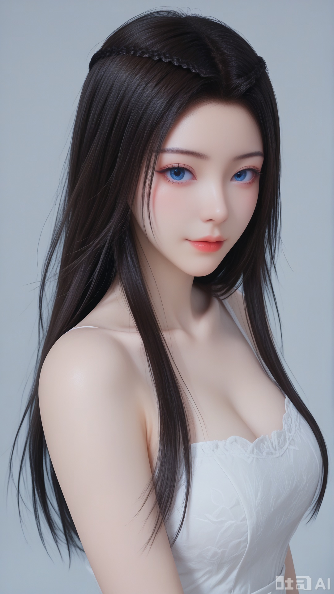 1girl, solo, black_hair, (white dress), blue eyes, upper_body, looking at viewer, exquisite skin, Solid white color background, high definition, Best quality, masterpiece, 4K,