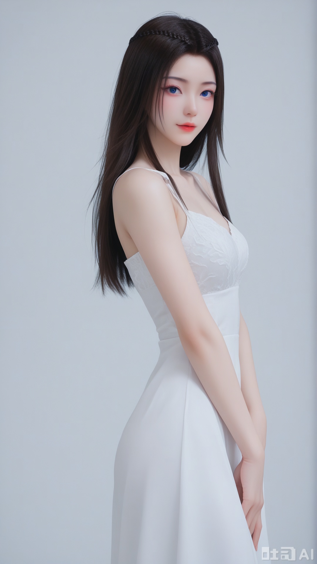 1girl, solo, (white dress), blue eyes, looking at viewer, exquisite skin, Solid white color background, high definition, Best quality, masterpiece, 4K,